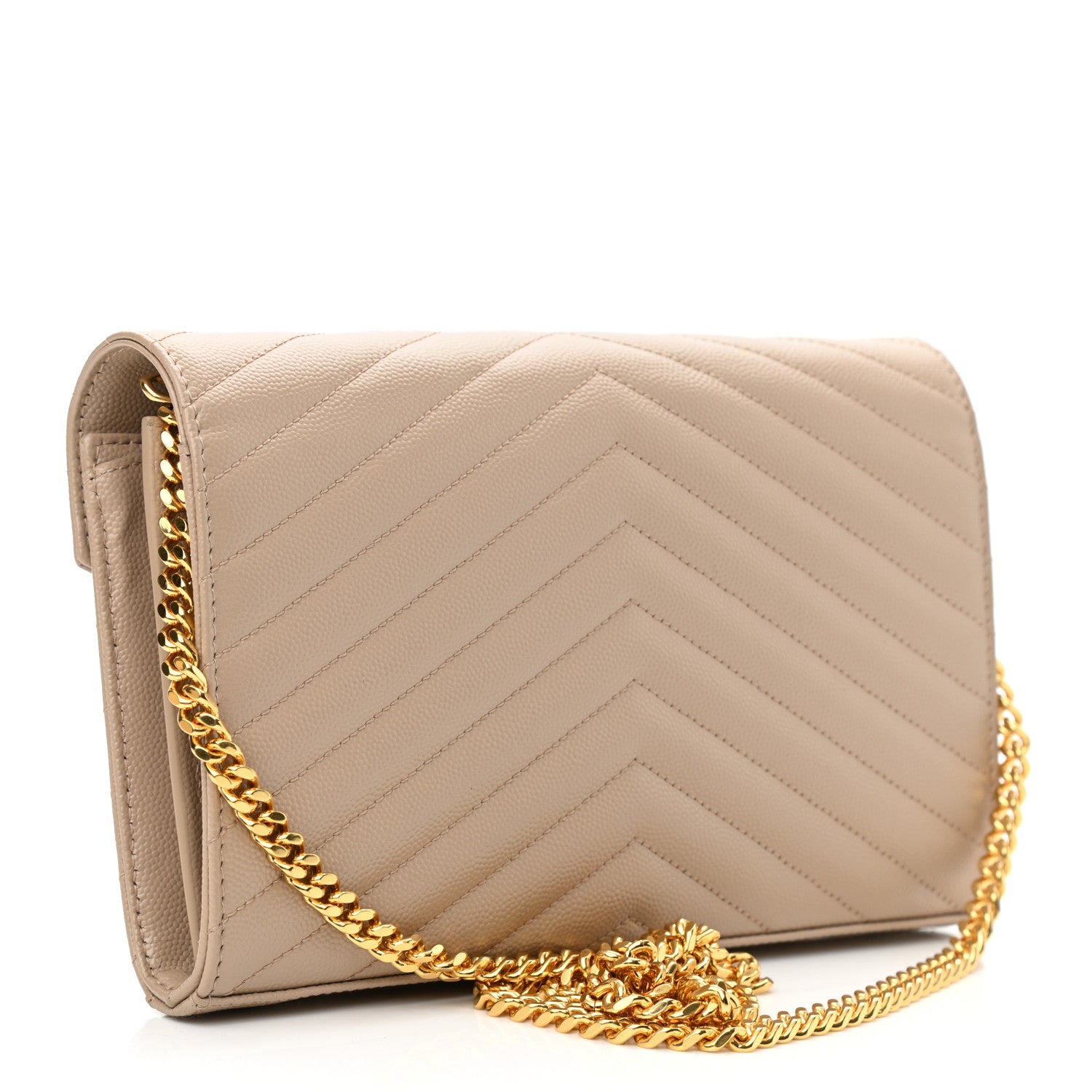 Saint Laurent Grain De Poudre Matelasse Chevron Monogram Chain Wallet Dark Beige 2 of 7