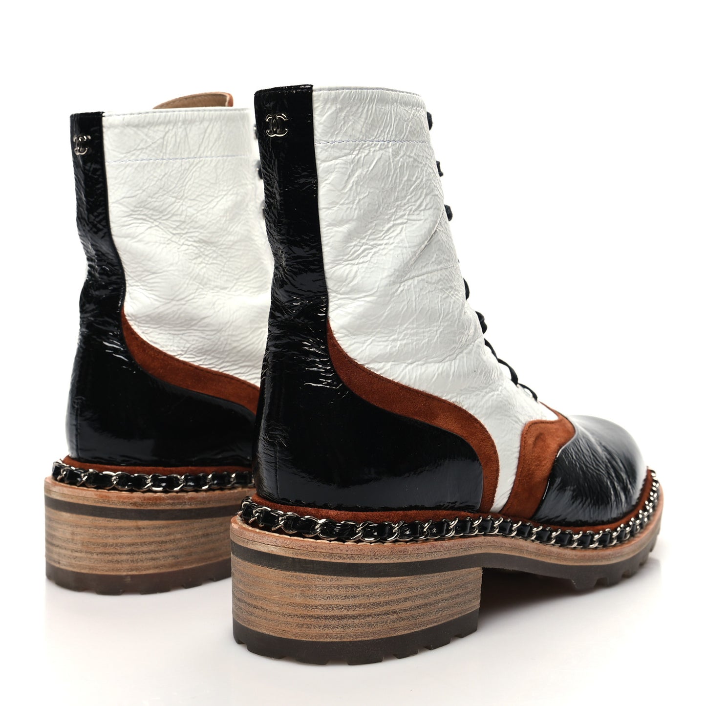 Patent Suede Lace Up Chain Boots 39 White Black