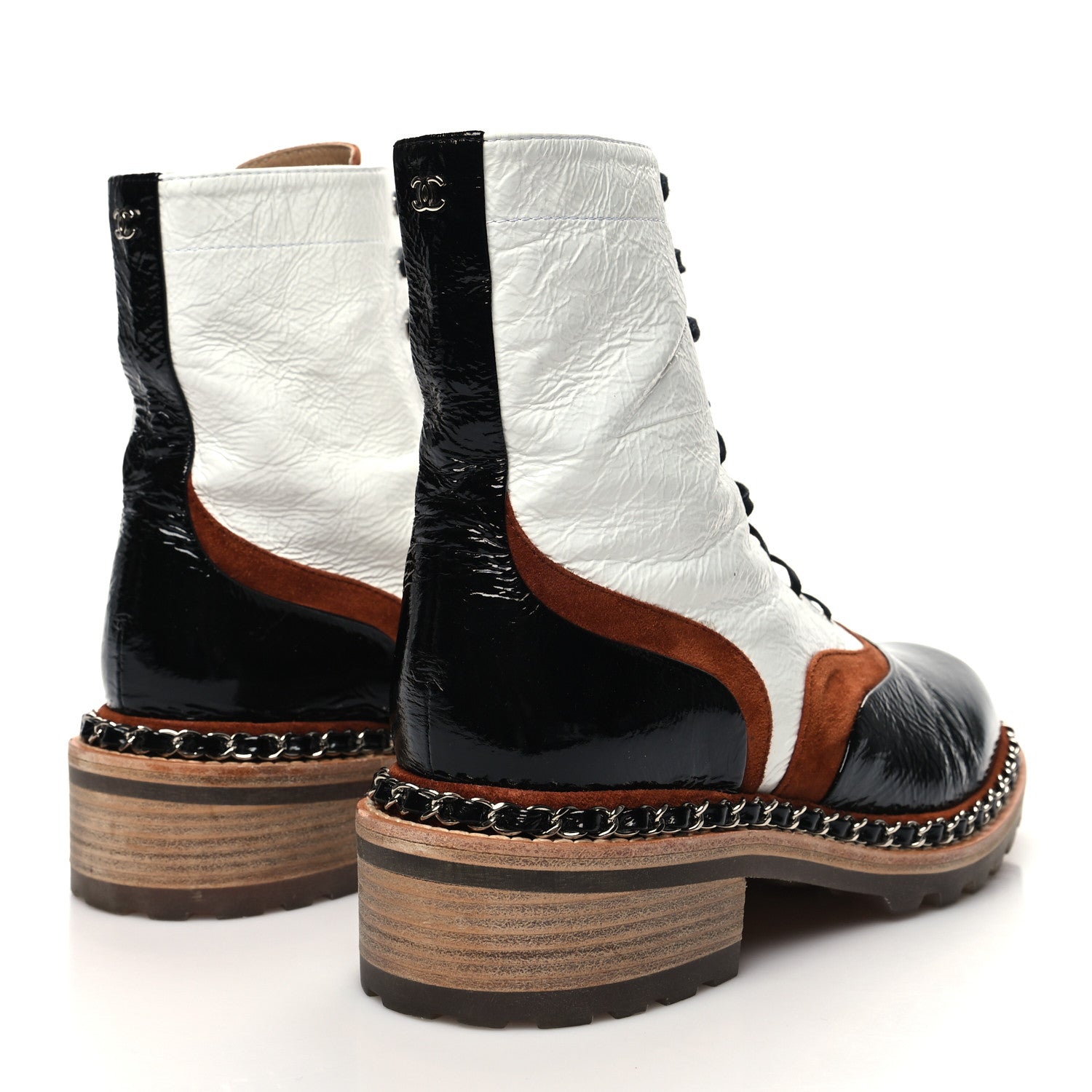 Chanel Patent Suede Lace Up Chain Boots 39 White Black 4 of 9