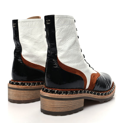 Chanel Patent Suede Lace Up Chain Boots 39 White Black 4 of 9