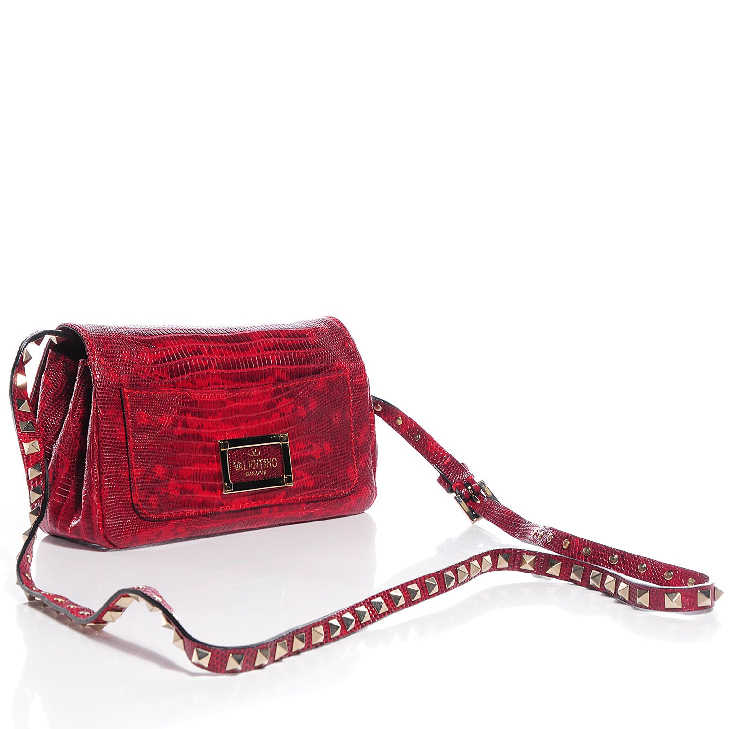 Valentino Garavani Lizard Rockstud Flap Red 3 of 9