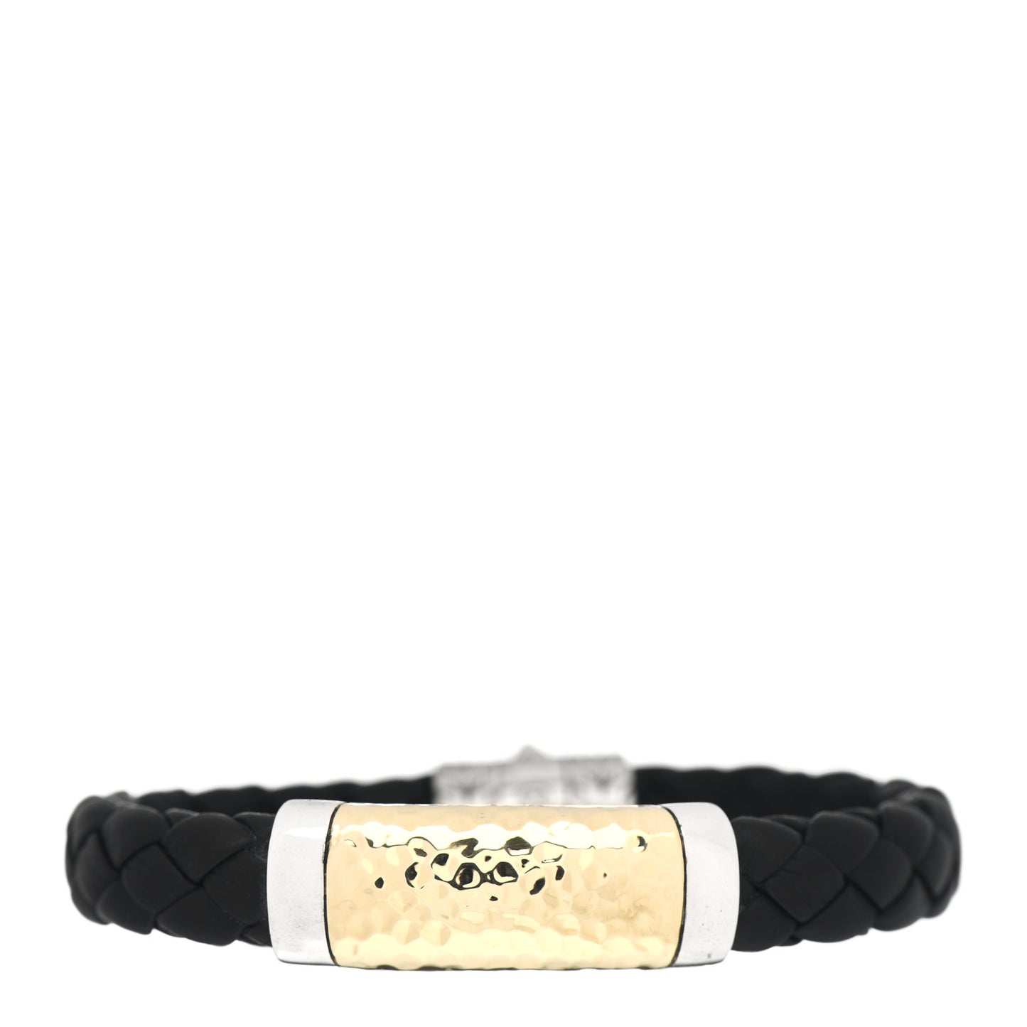 Sterling Silver 18K Yellow Gold Leather 12mm Braided Hammered Station Bracelet Black