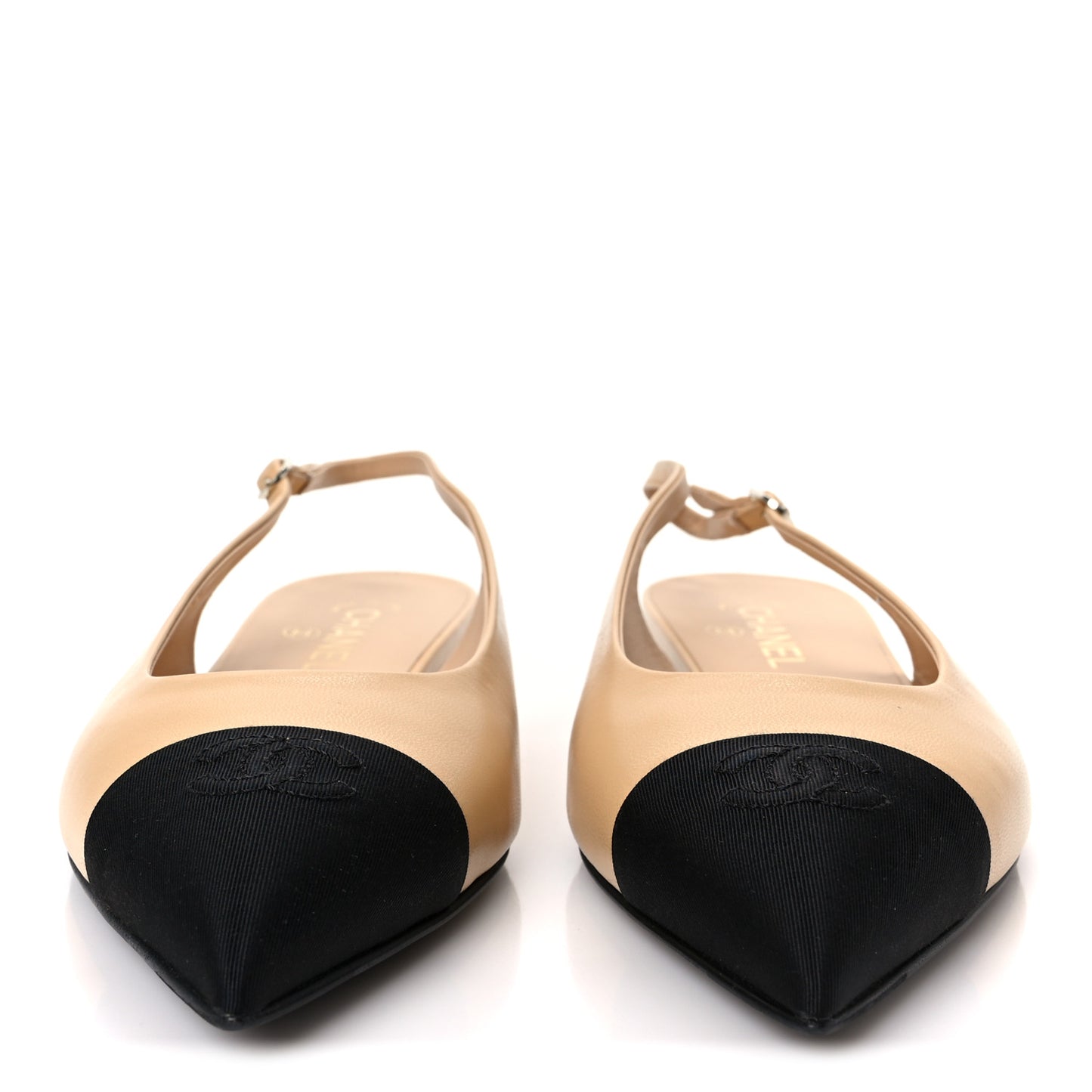 Goatskin Grosgrain Pointed Toe CC Slingback Flats 40.5 Beige Black