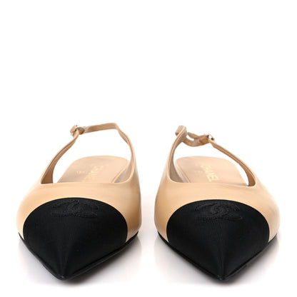 Chanel Goatskin Grosgrain Pointed Toe CC Slingback Flats 40.5 Beige Black 3 of 10