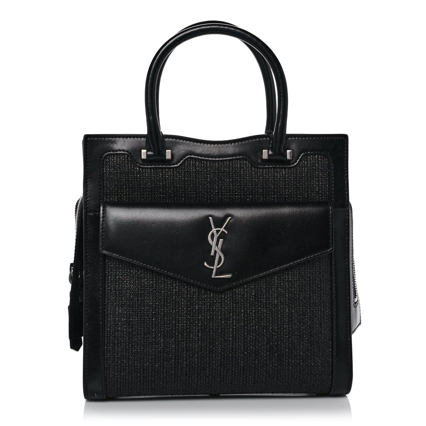 Raffia Shiny Calfskin Medium Uptown Tote Black