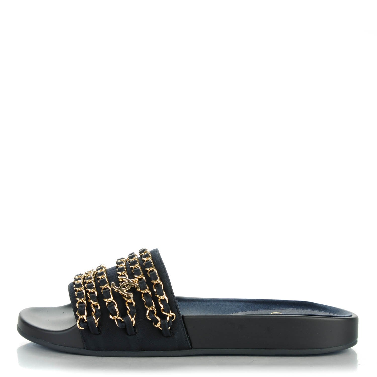 Chanel Lambskin Canvas Chain Flat Sandals 38 Navy 1 of 7