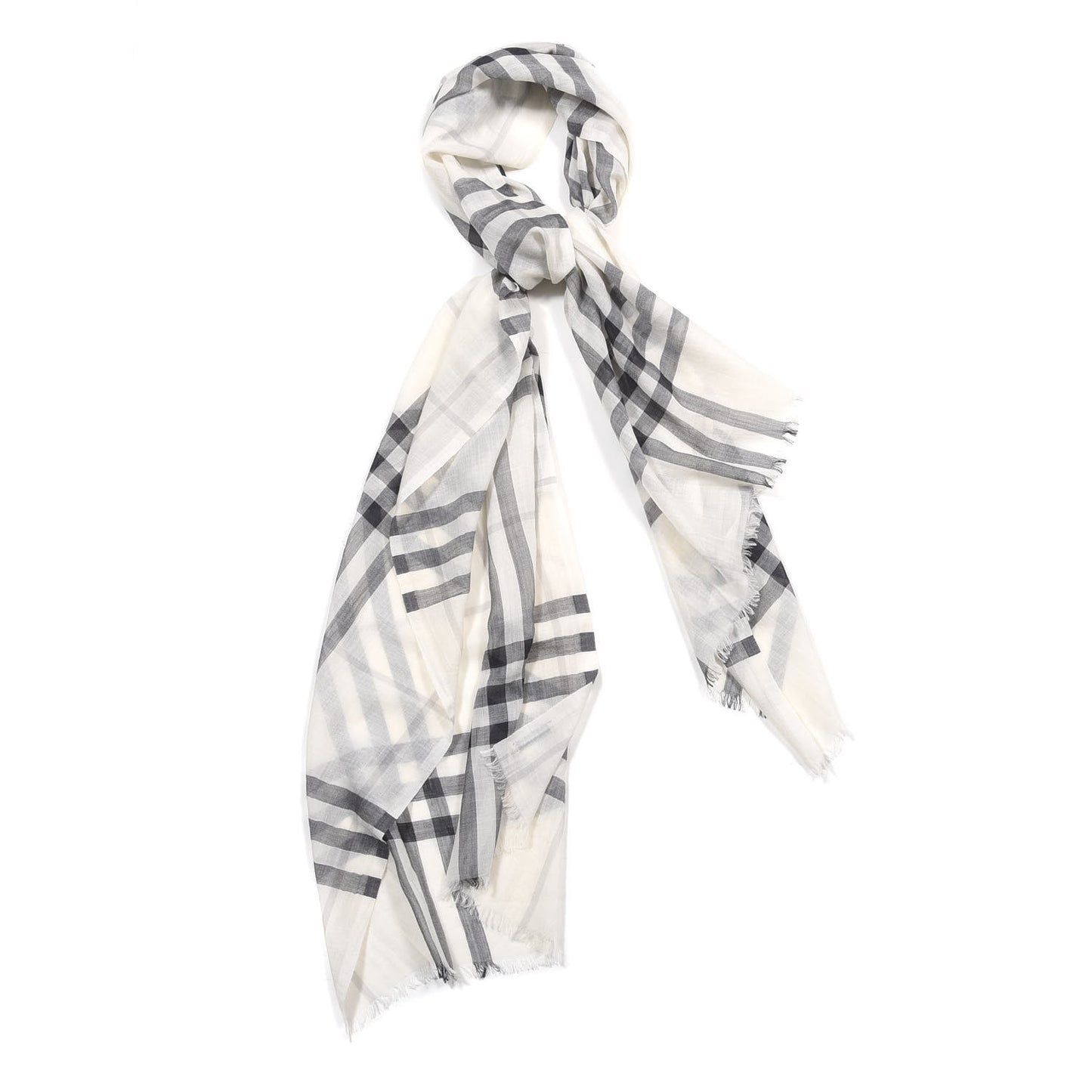 Wool Silk Gauze Giant Check Lightweight Scarf Natural White