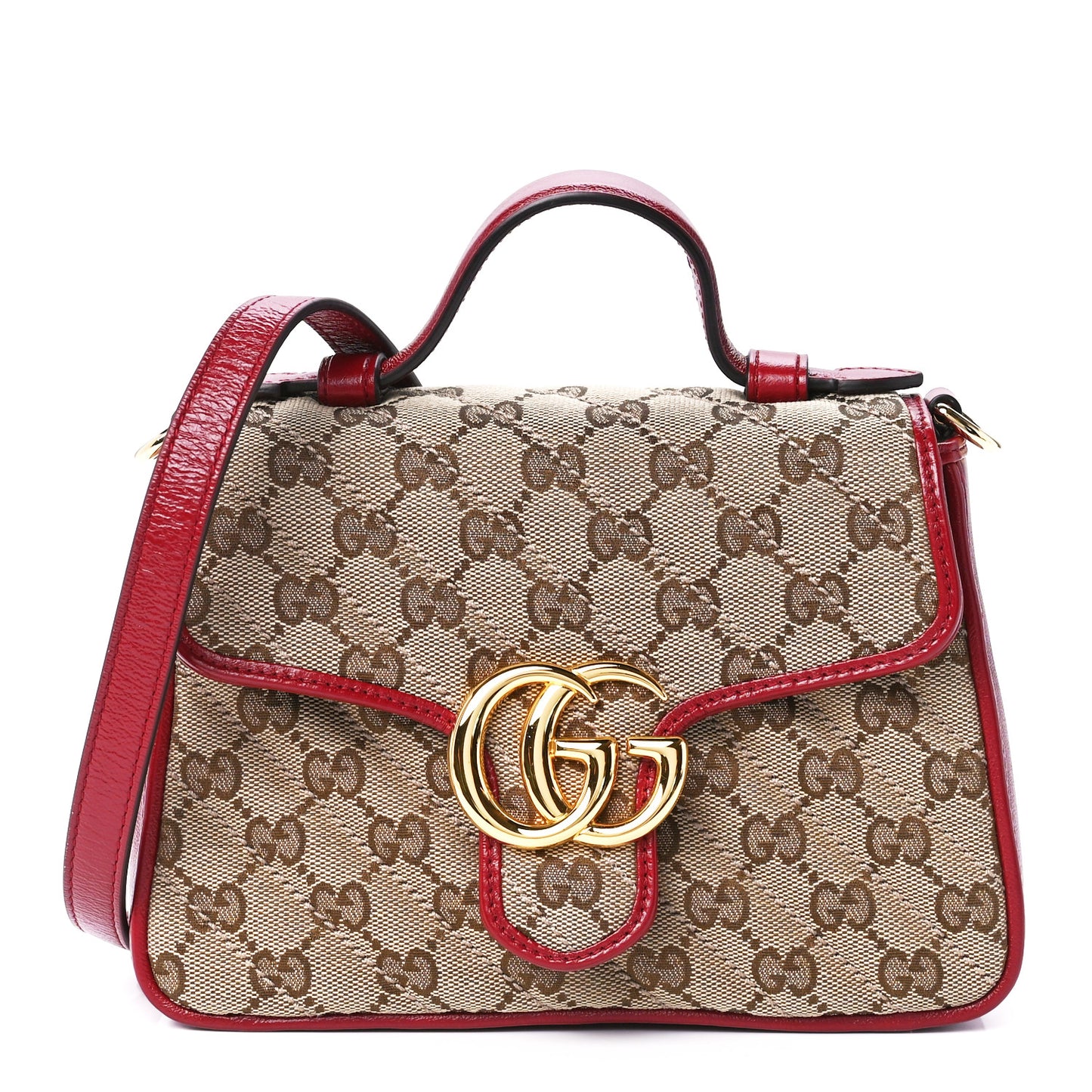 Monogram Glazed Calfskin Matelasse Diagonal Mini GG Marmont Top Handle Shoulder Bag Beige Ebony New Cherry Red