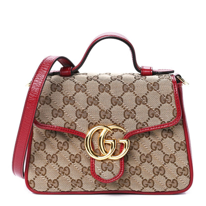 Gucci Monogram Glazed Calfskin Matelasse Diagonal Mini GG Marmont Top Handle Shoulder Bag Beige Ebony New Cherry Red 1 of 12