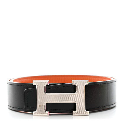 Hermes Box Togo Reversible 32mm Guilloche H Belt 80 32 Black Orange 1 of 11
