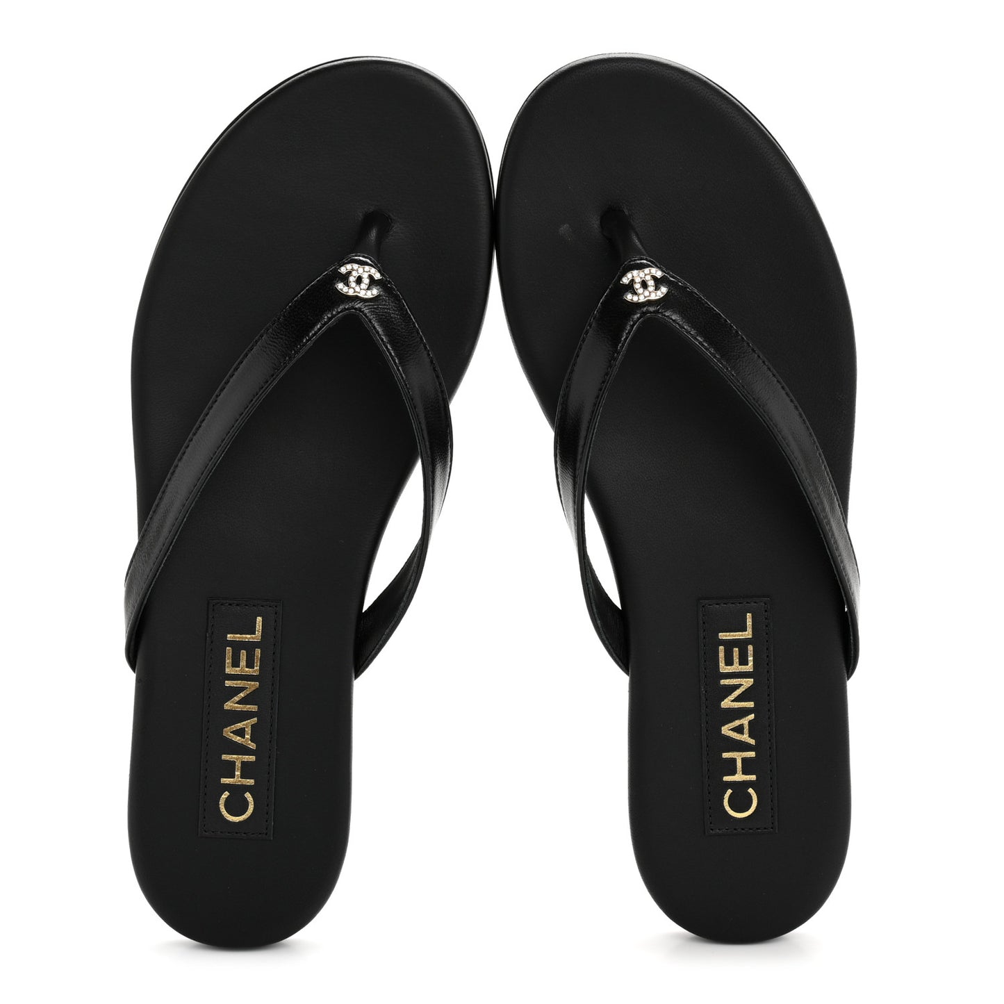 Shiny Lambskin Crystal CC Thong Sandals 37 Black