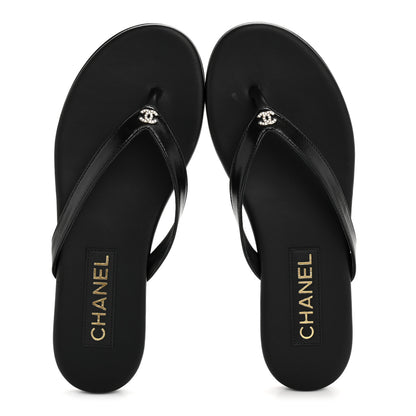 Chanel Shiny Lambskin Crystal CC Thong Sandals 37 Black 2 of 10