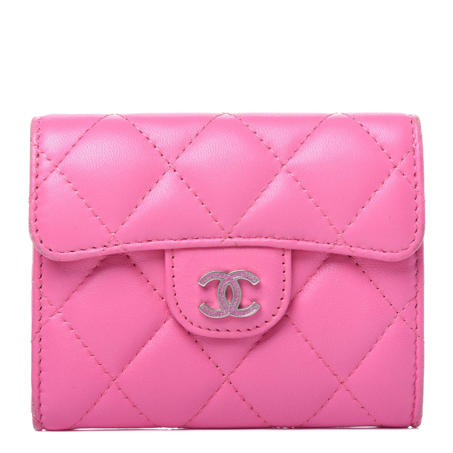 Lambskin Quilted Flap Card Holder Wallet Pink