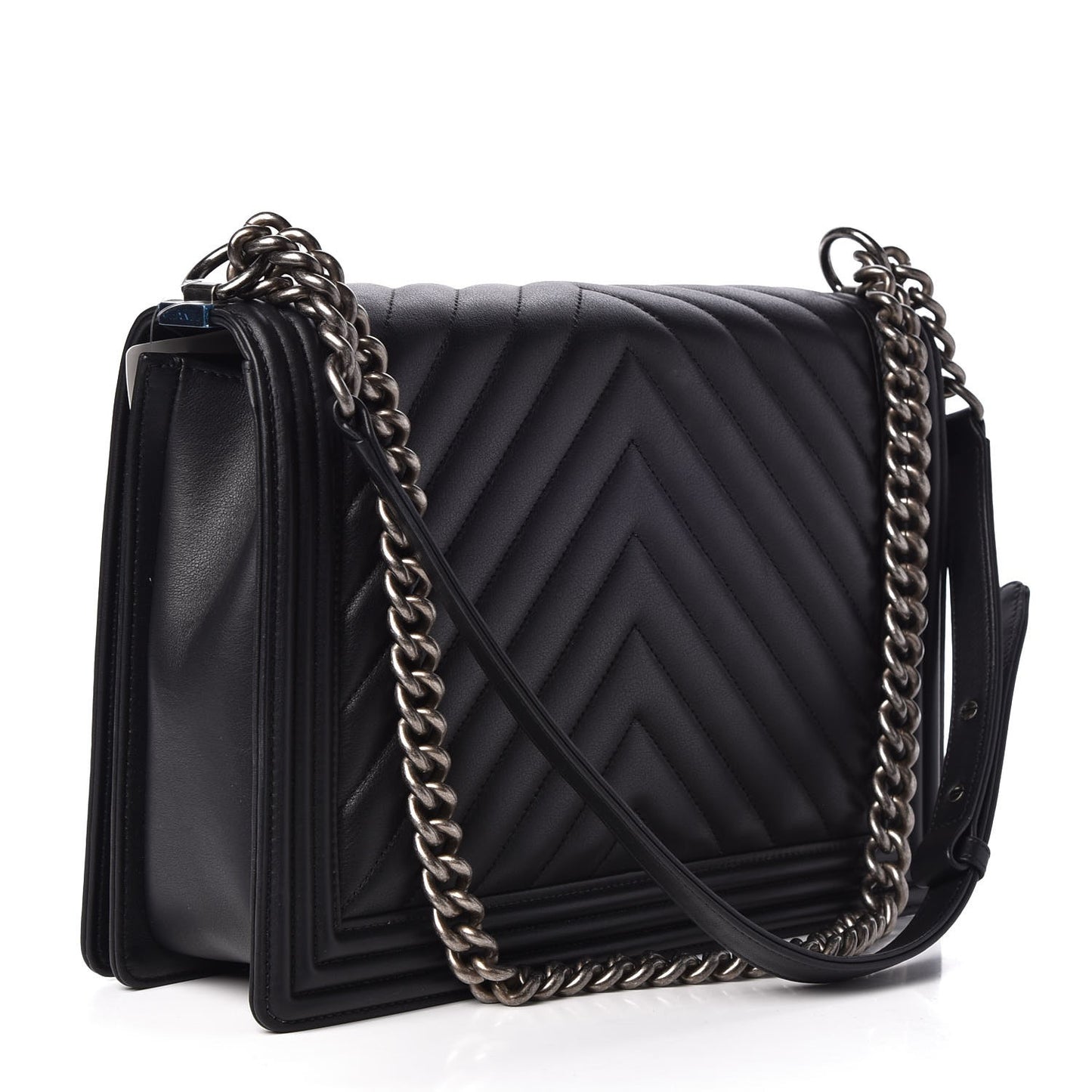 Calfskin Chevron Quilted Large Boy Flap Black