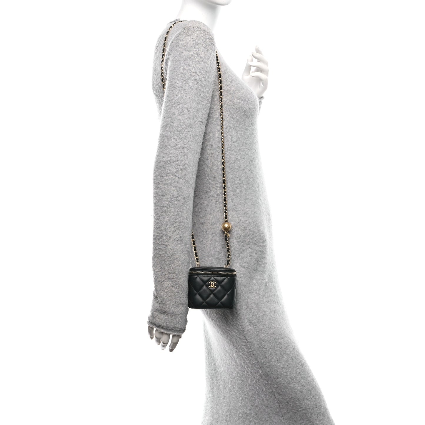 Lambskin Quilted Mini Pearl Crush Vanity Case With Chain Black