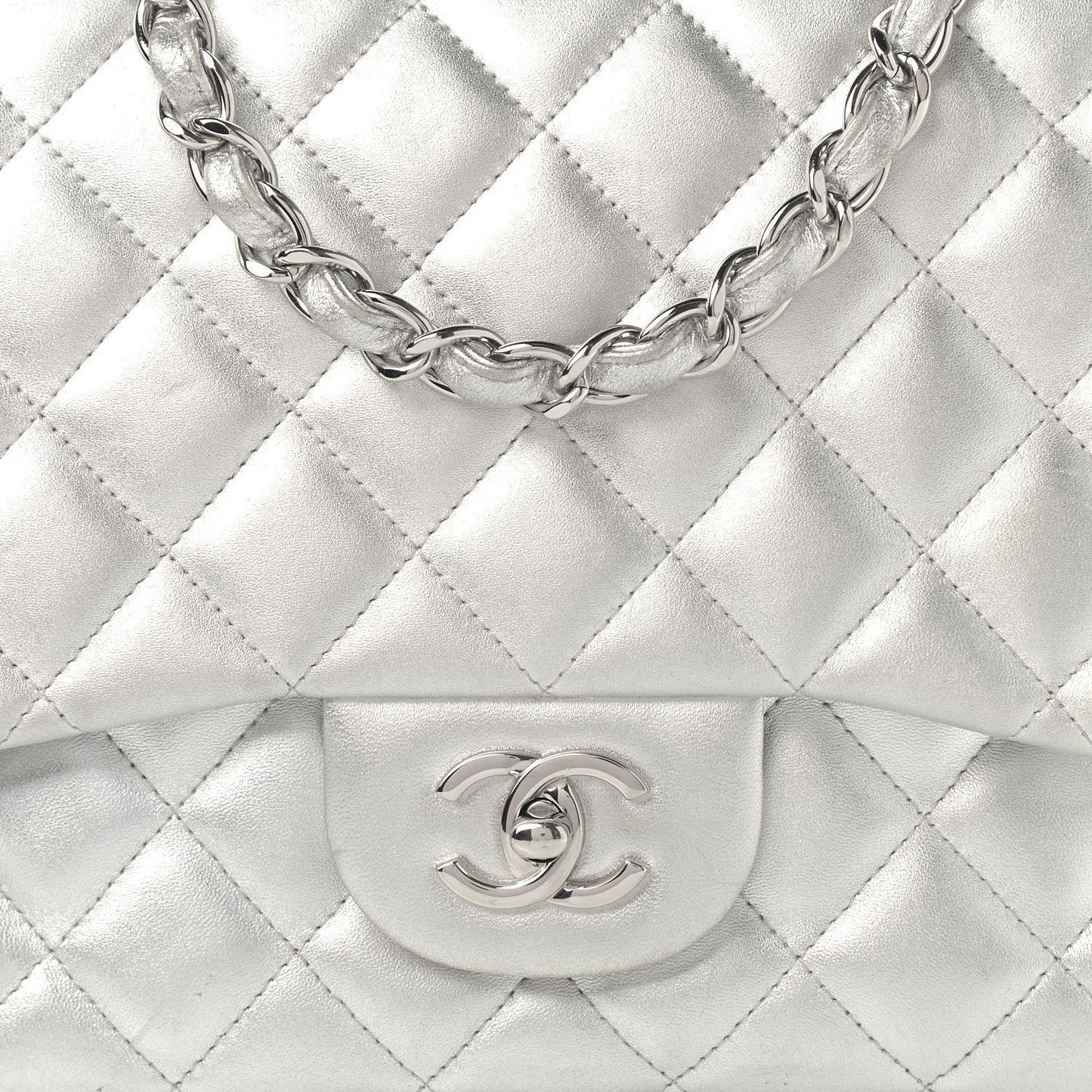 Metallic Lambskin Quilted Jumbo Single Flap Silver