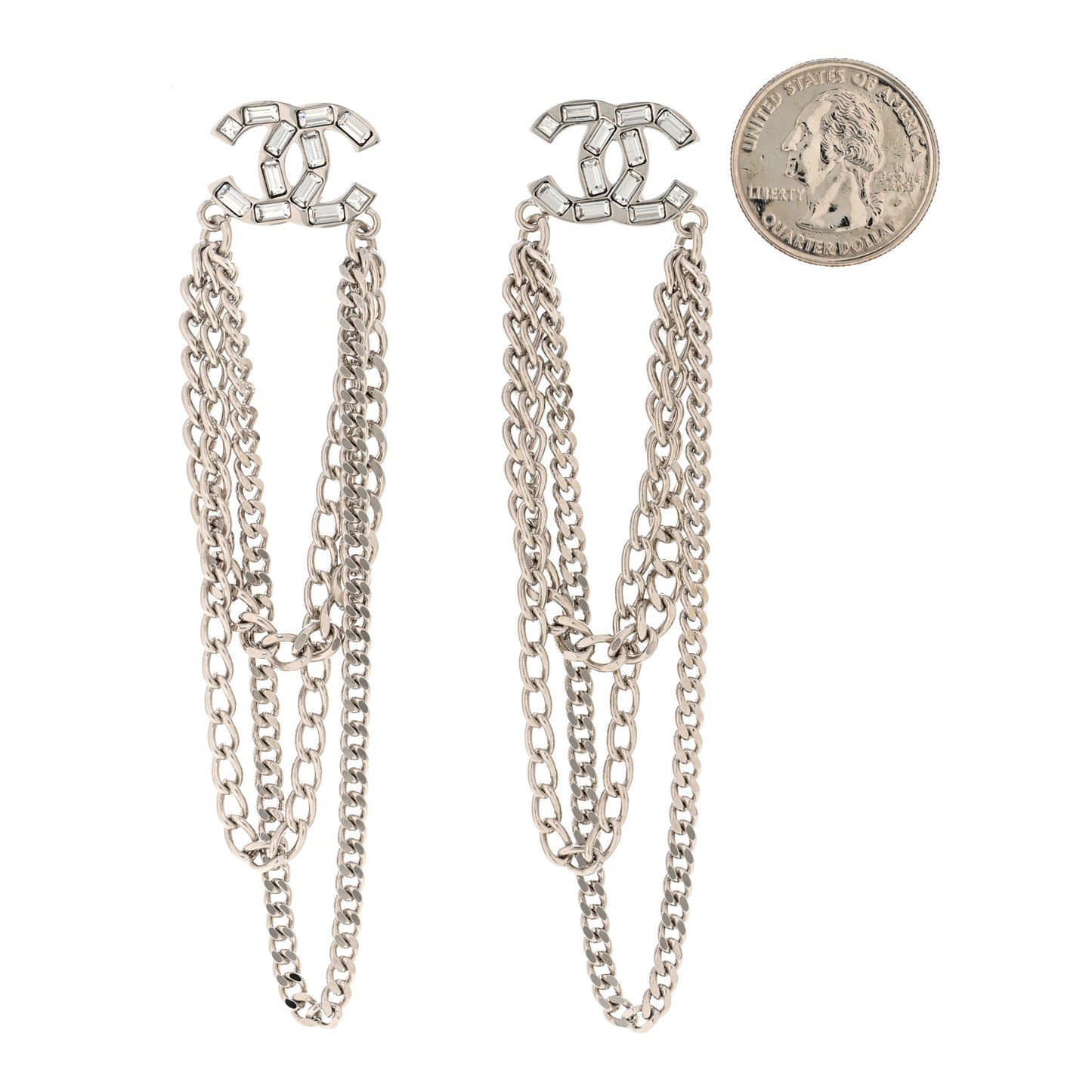 Crystal Baguette CC Chain Drop Earrings Silver