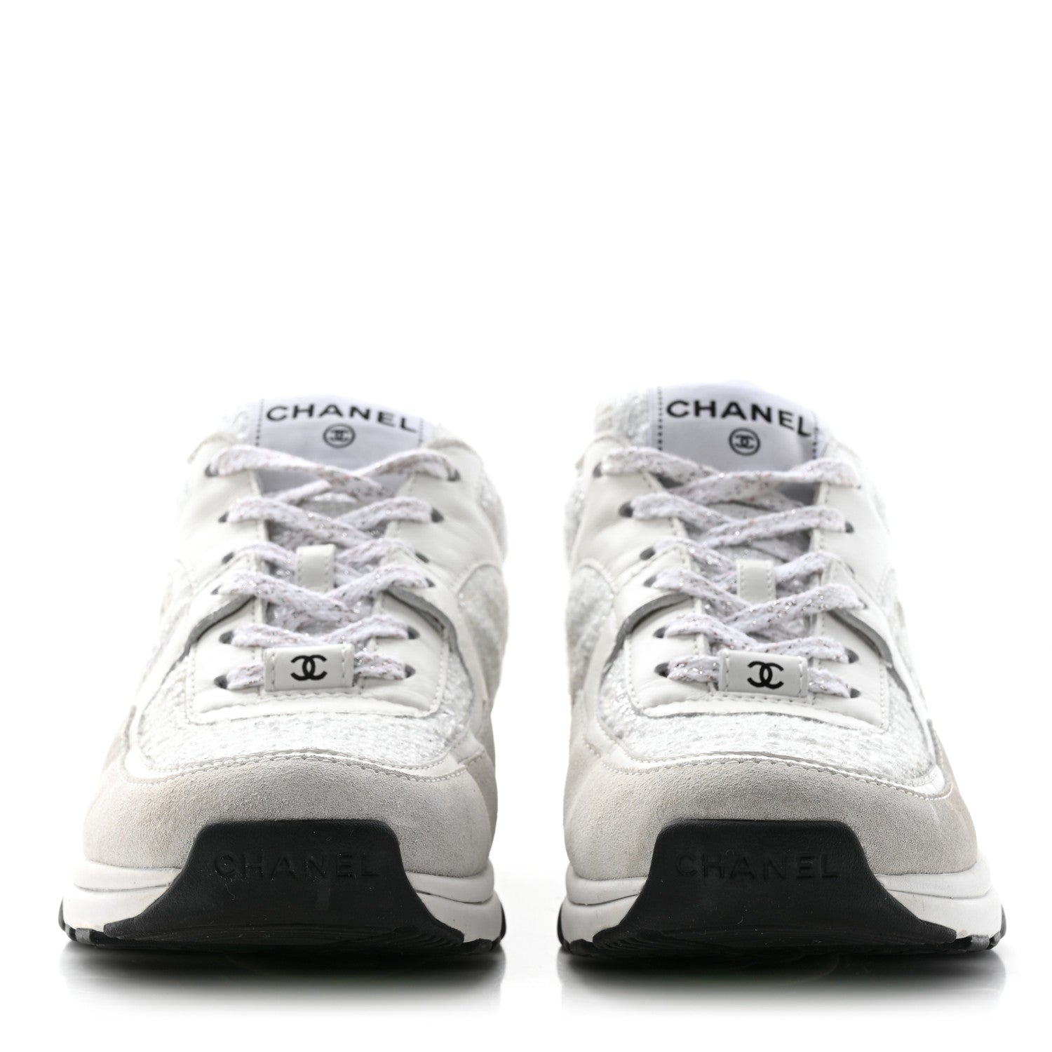 Chanel Painted Iridescent Cotton Tweed Suede Calfskin Womens CC Sneakers 37 White Silver Multicolor 2 of 13