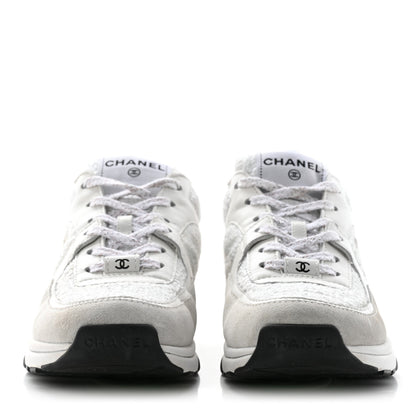 Chanel Painted Iridescent Cotton Tweed Suede Calfskin Womens CC Sneakers 37 White Silver Multicolor 2 of 13