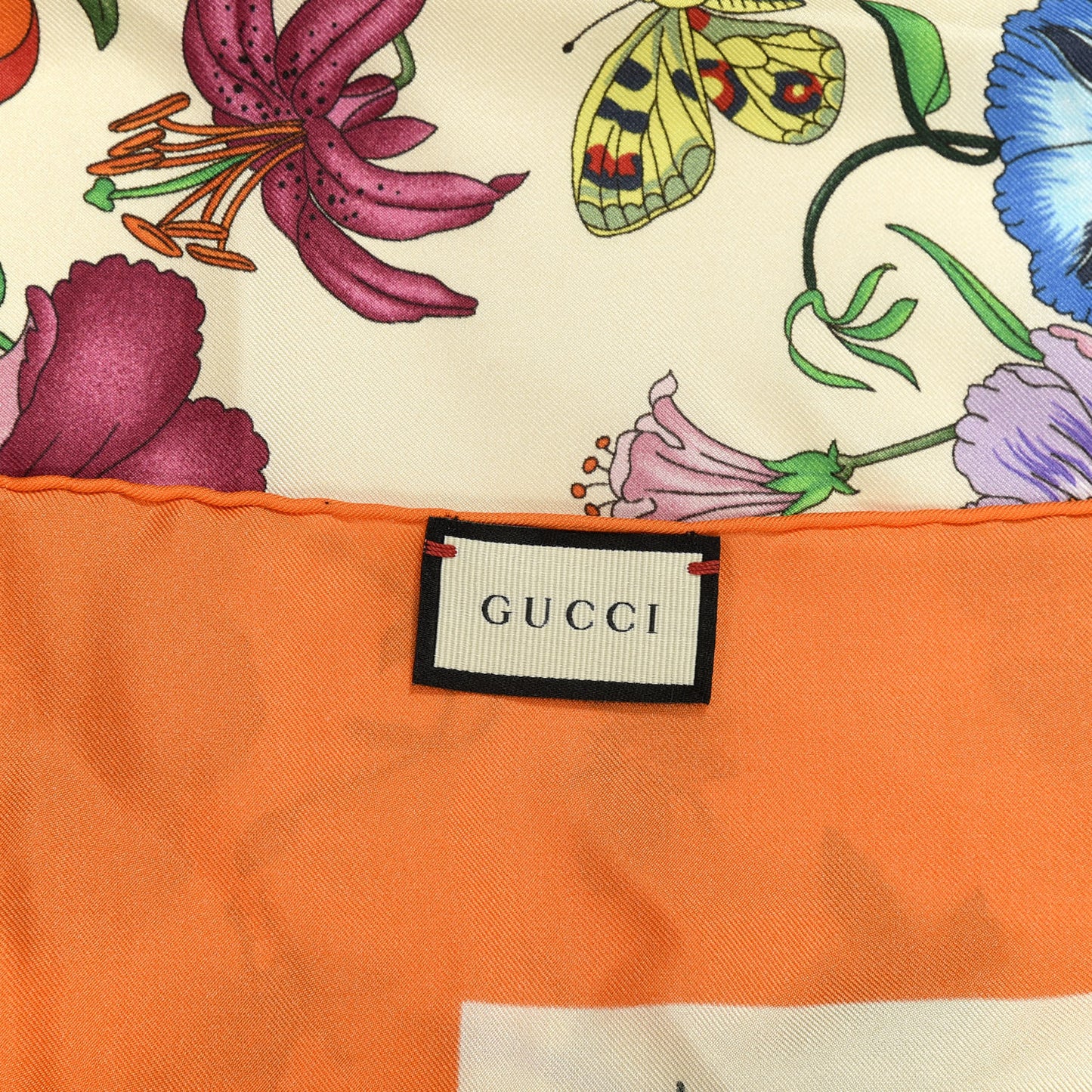Silk Twill Flora Fluo Square Scarf Ivory Orange
