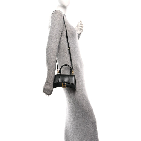 Shiny Box Calfskin Hourglass Top Handle Bag XS Black