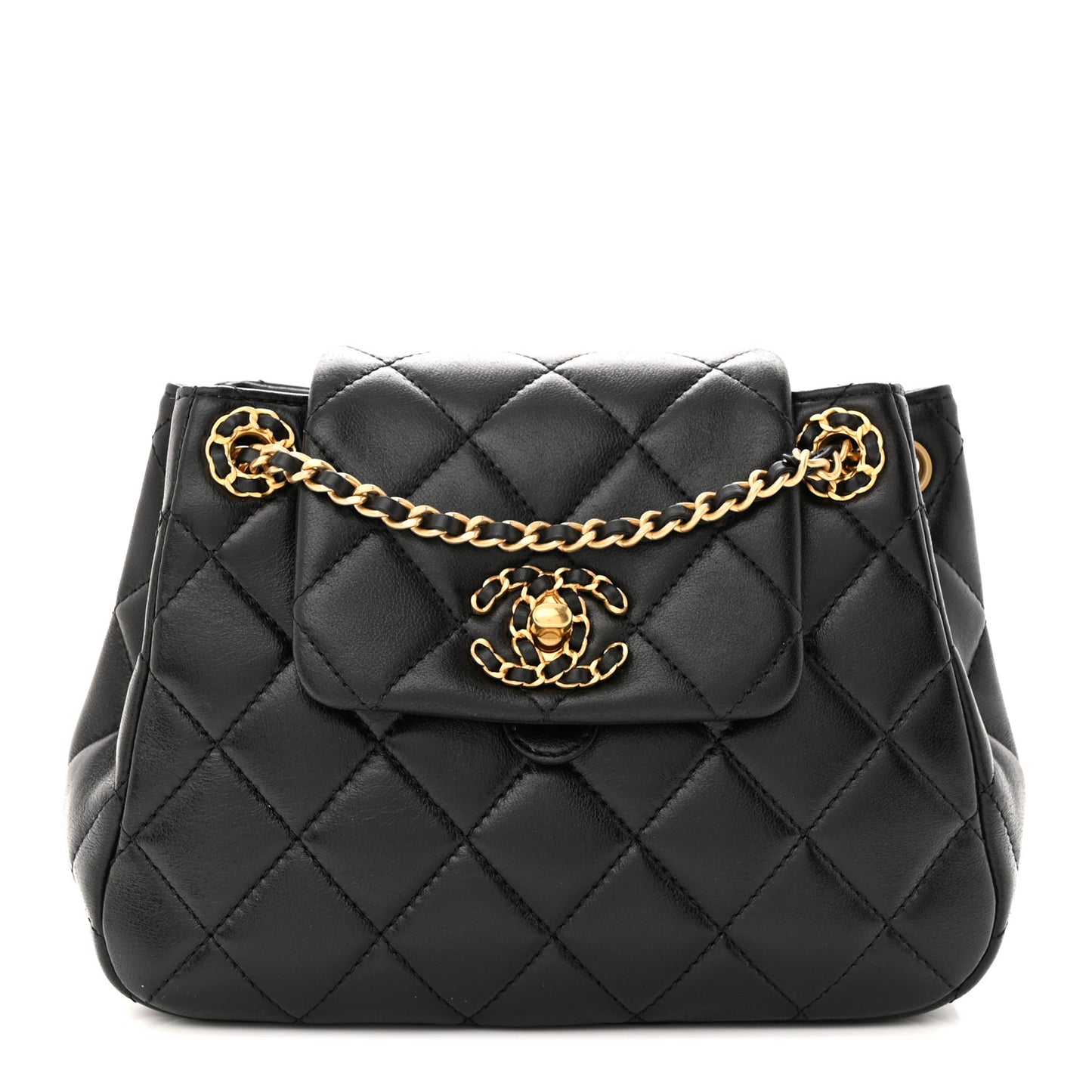 Lambskin Quilted Braided CC Accordion Flap Bag Black
