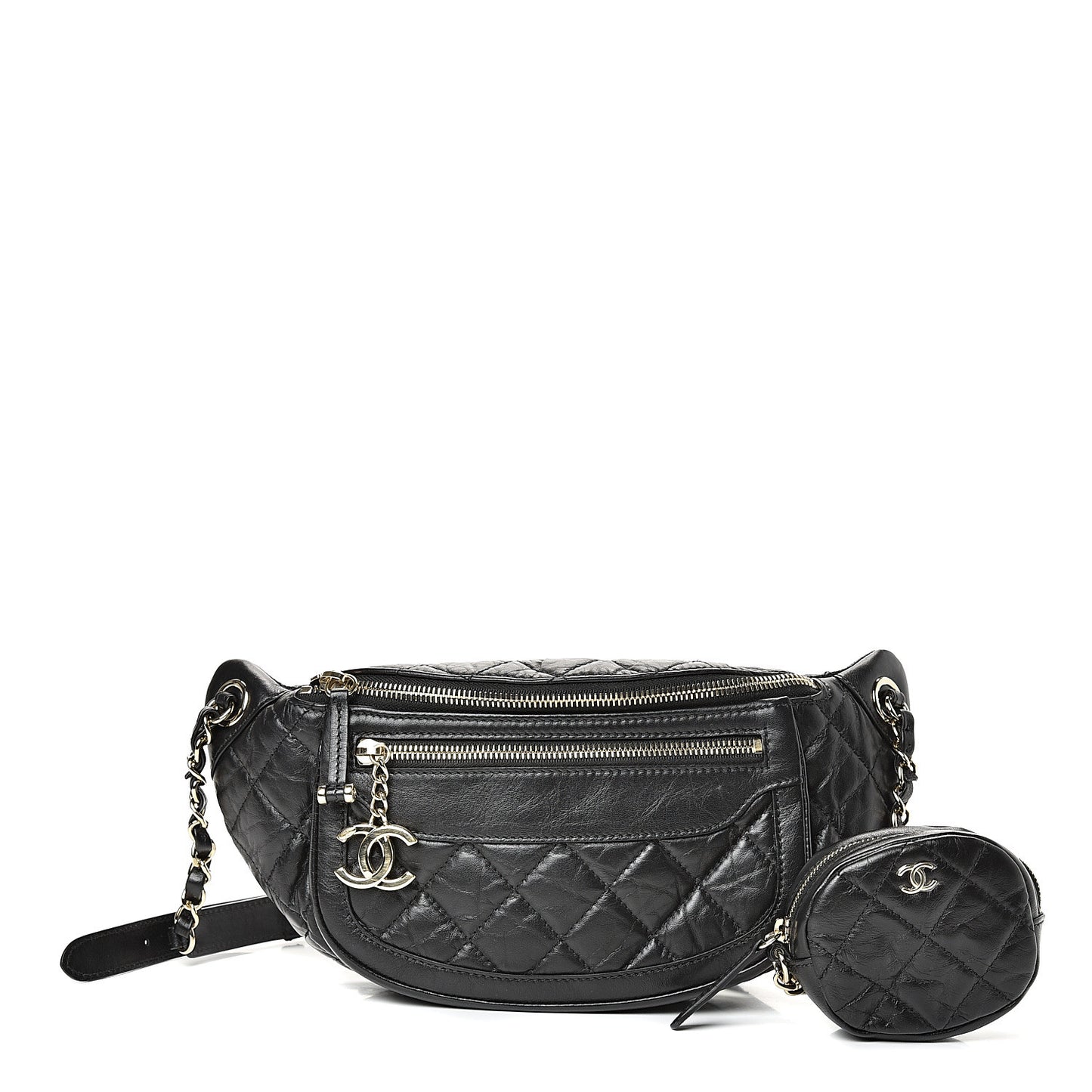 Aged Calfskin Quilted Waist Bag With Coin Purse Black