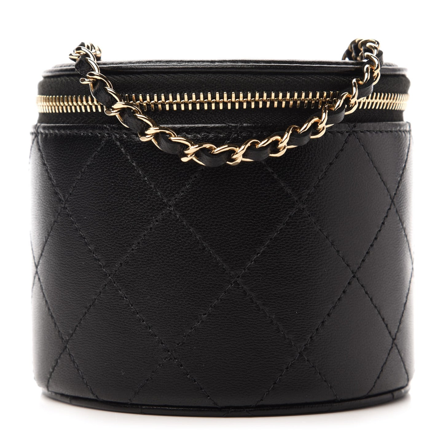 Lambskin Quilted Round Small Vanity Case With Chain Black