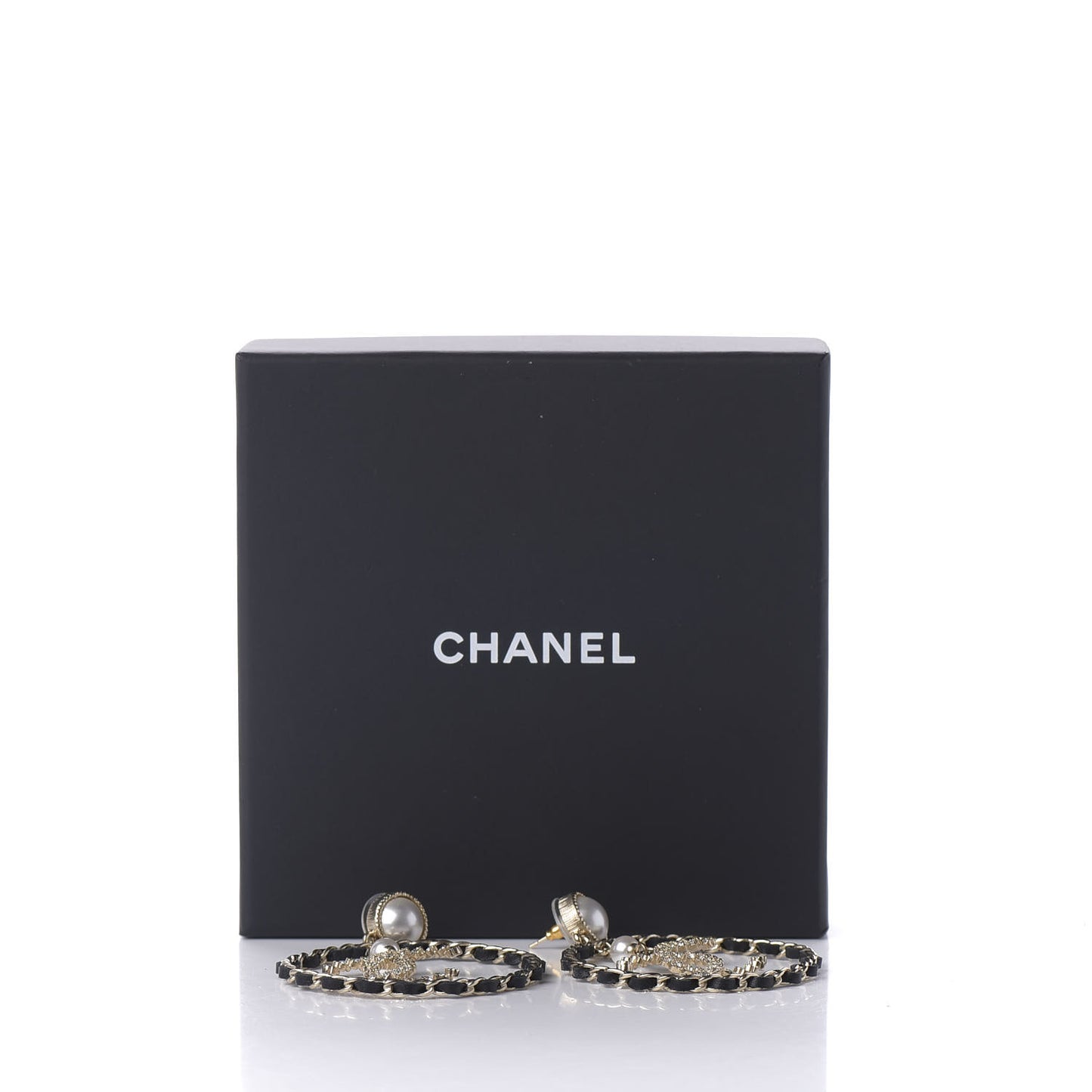 Lambskin Crystal Pearl CC Chain Hoop Earrings Gold Black