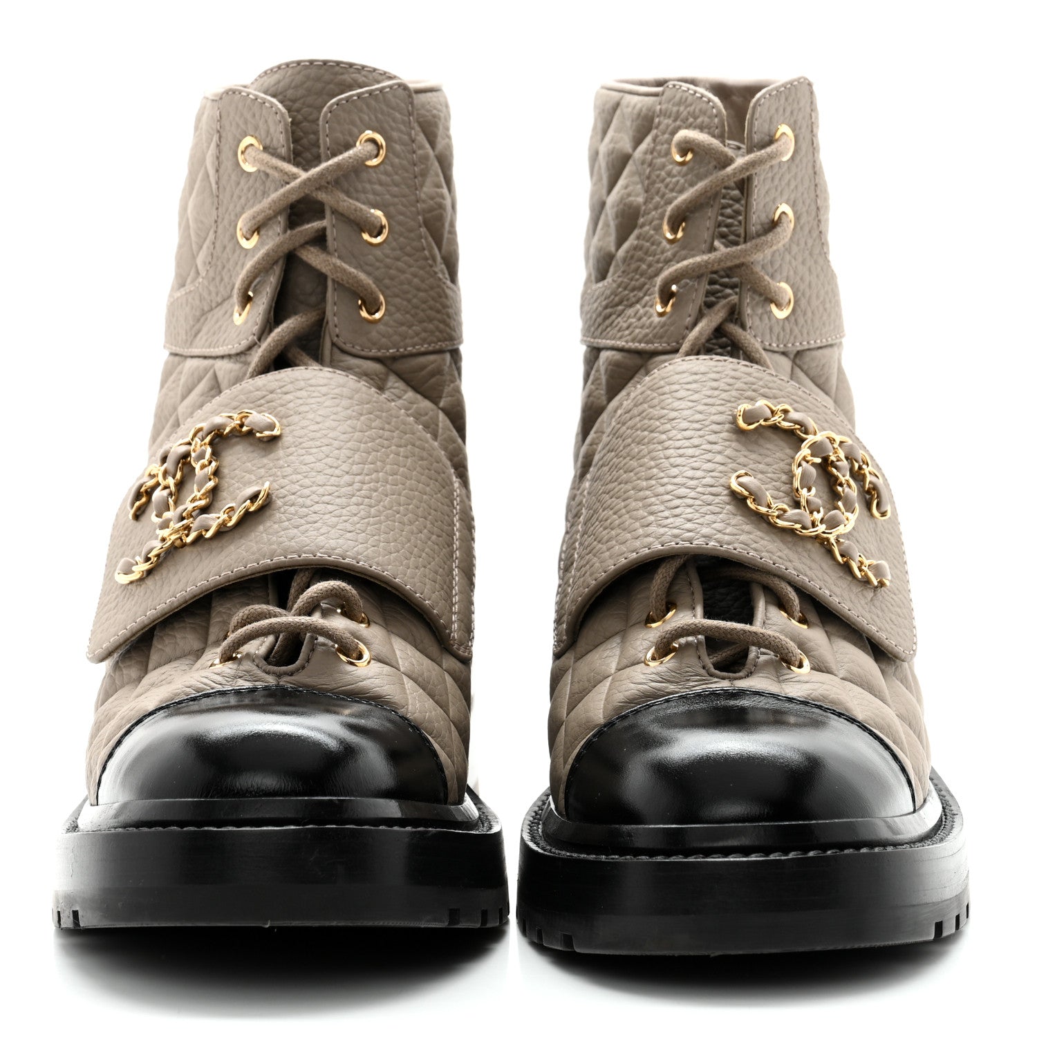 Chanel Calfskin Shiny Calfskin Quilted Lace Up Combat Boots 38.5 Dark Beige Black 2 of 13