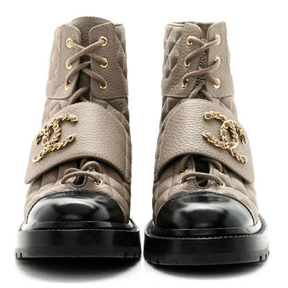 Chanel Calfskin Shiny Calfskin Quilted Lace Up Combat Boots 38.5 Dark Beige Black 2 of 13
