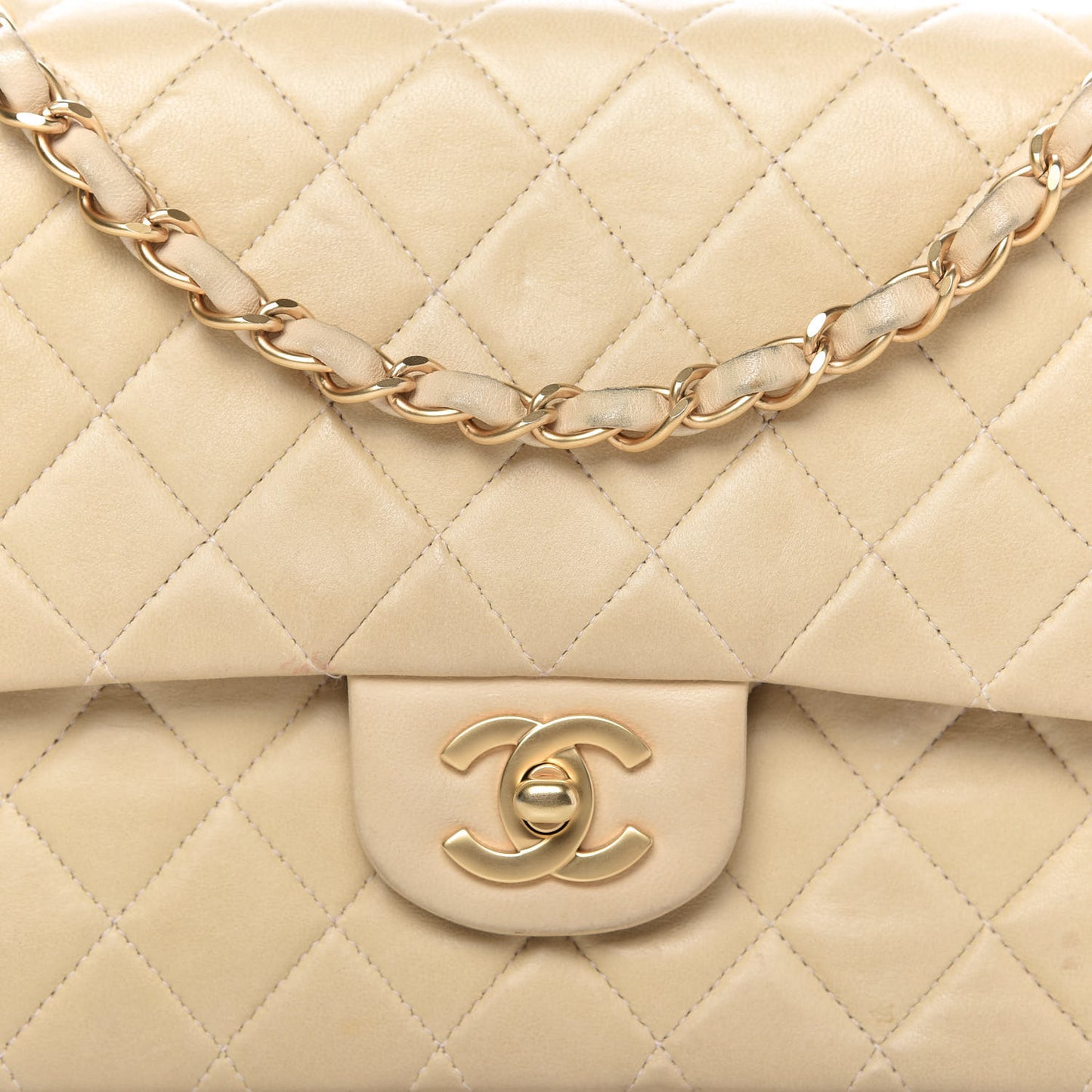 Lambskin Quilted Medium Double Flap Beige