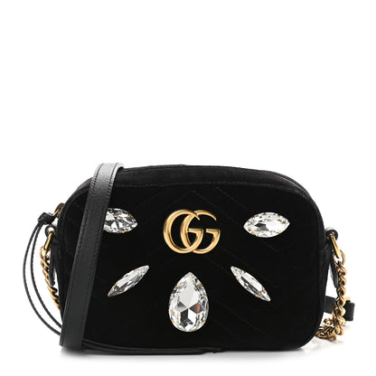 Gucci Velvet Matelasse Marquise Crystals Mini GG Marmont Chain Shoulder Bag Black 1 of 10