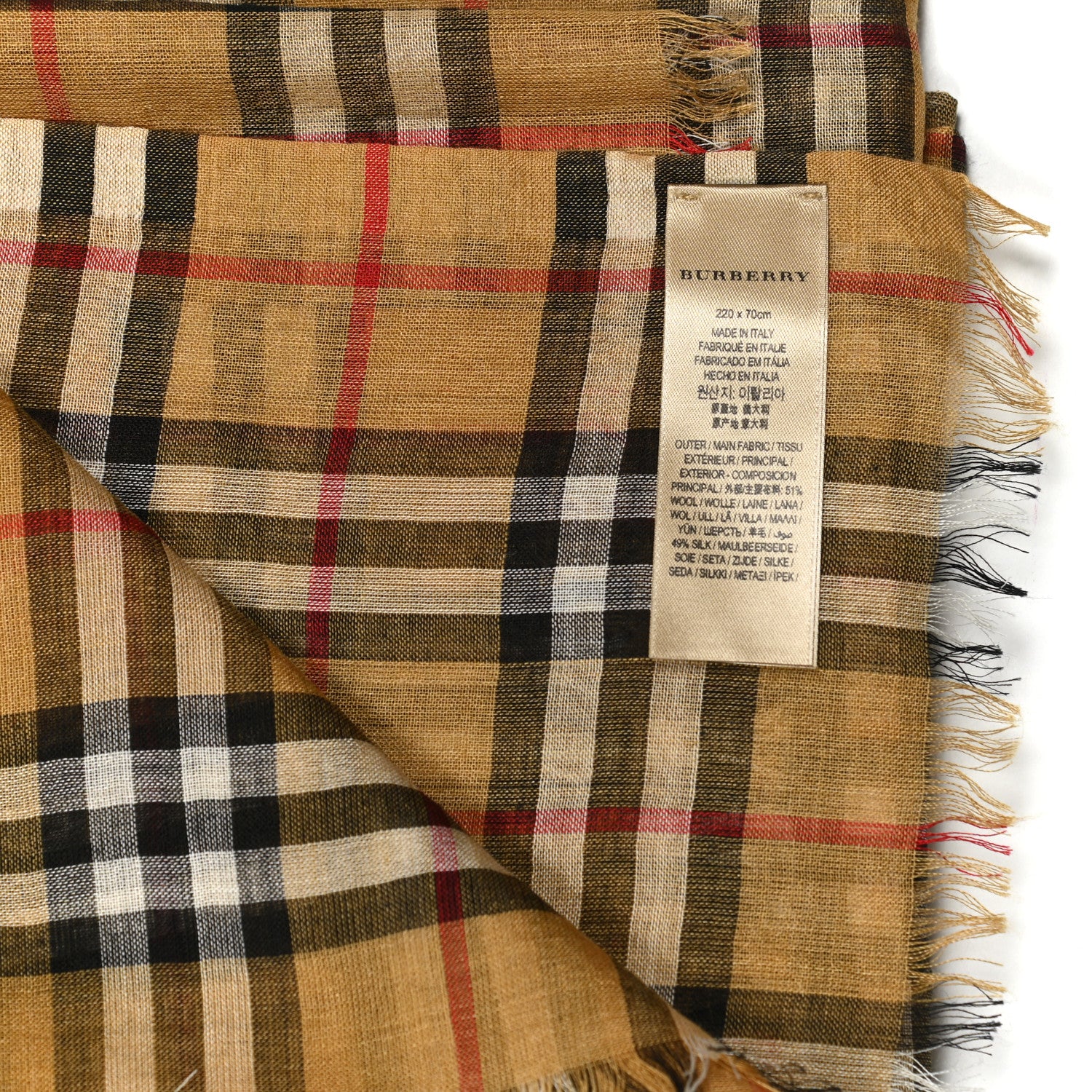 Burberry Wool Silk House Check Lightweight Scarf Camel 3 of 4