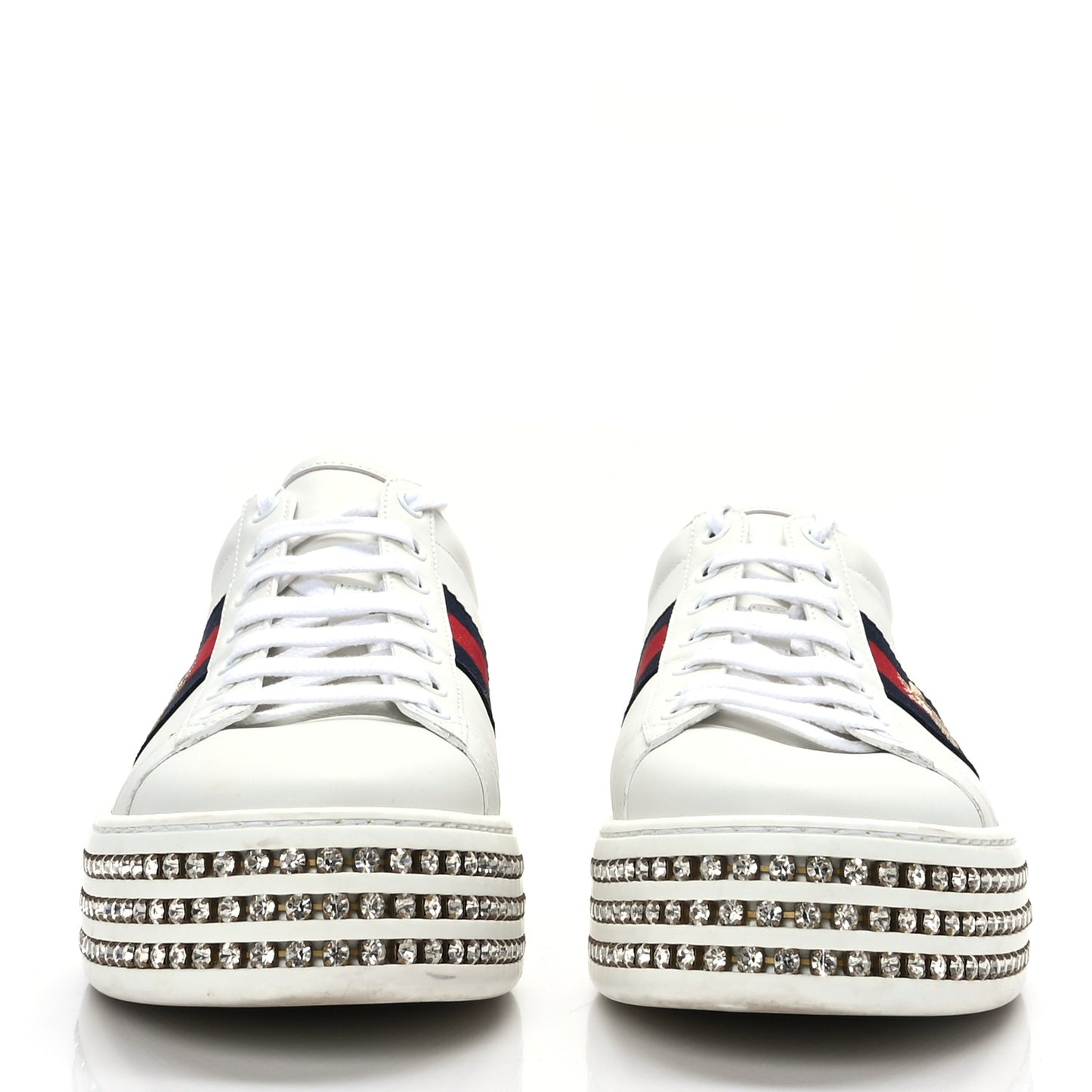 Calfskin Crystal Web Bee Embroidered Womens Ace Platform Sneakers 40 White
