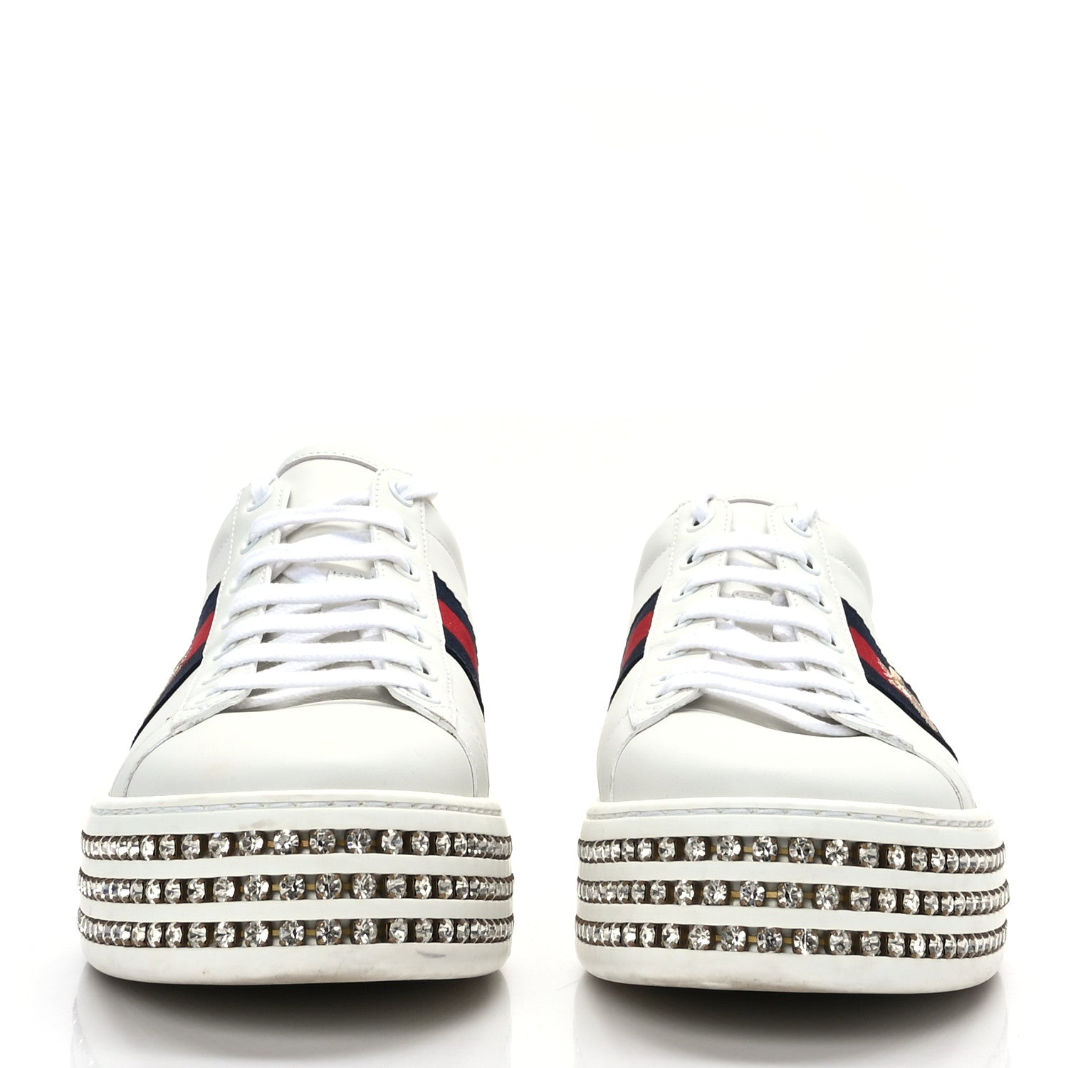Gucci Calfskin Crystal Web Bee Embroidered Womens Ace Platform Sneakers 40 White 2 of 7