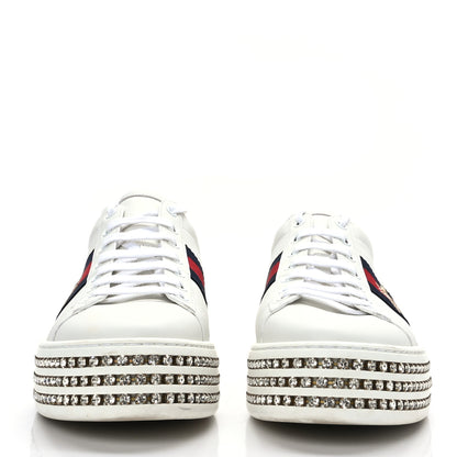 Gucci Calfskin Crystal Web Bee Embroidered Womens Ace Platform Sneakers 40 White 2 of 7