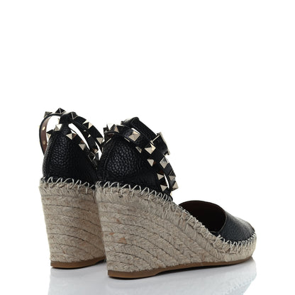 Valentino Garavani Grained Calfskin Rockstud Ankle Wrap Espadrille 15/85mm Wedges 35 Black Light Cuir 3 of 7