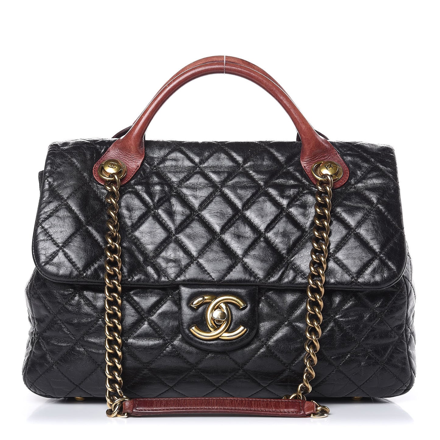 Glazed Calfskin Castle Rock Large Flap Black Burgundy