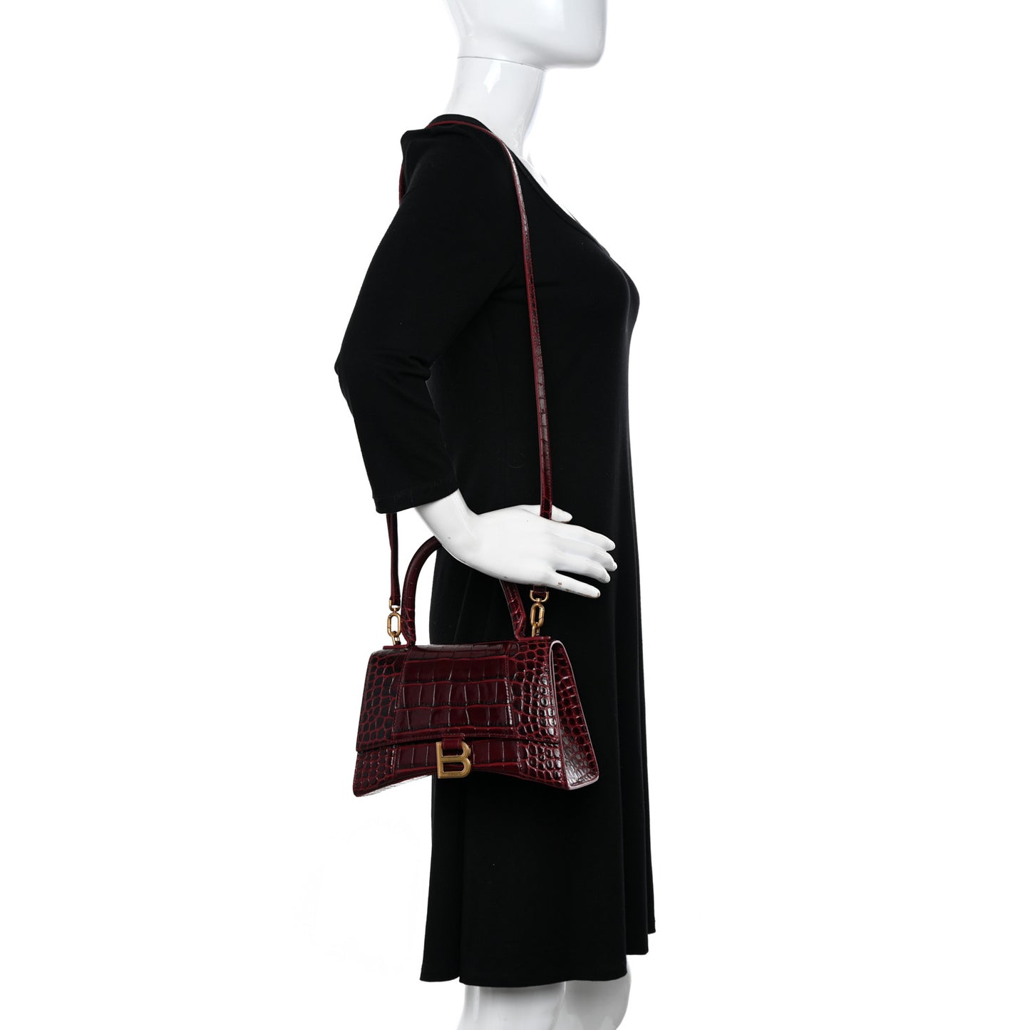 Shiny Calfskin Crocodile Embossed Small Hourglass Top Handle Bag Dark Red