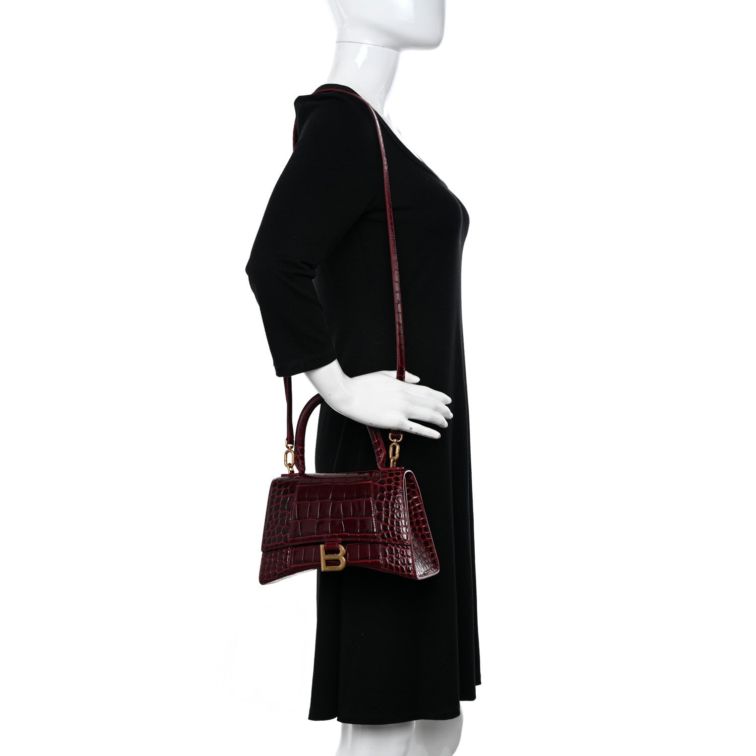 Balenciaga Shiny Calfskin Crocodile Embossed Small Hourglass Top Handle Bag Dark Red 2 of 12