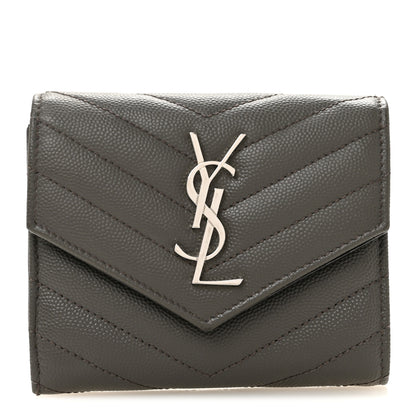 Saint Laurent Grain De Poudre Matelasse Chevron Monogram Compact Tri Fold Wallet Coffee 1 of 12