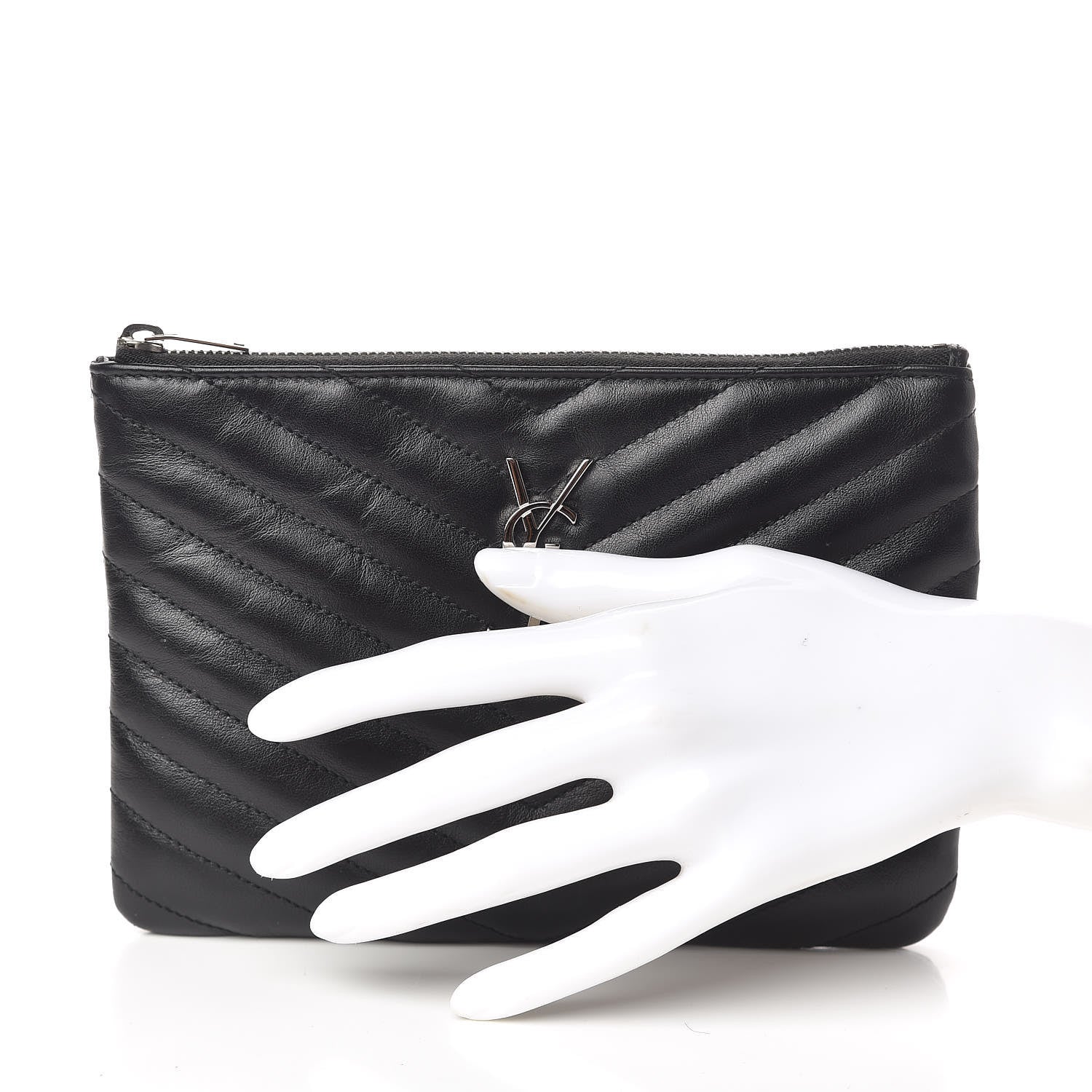 Saint Laurent Calfskin Matelasse Chevron Monogram Pouch Black 2 of 8