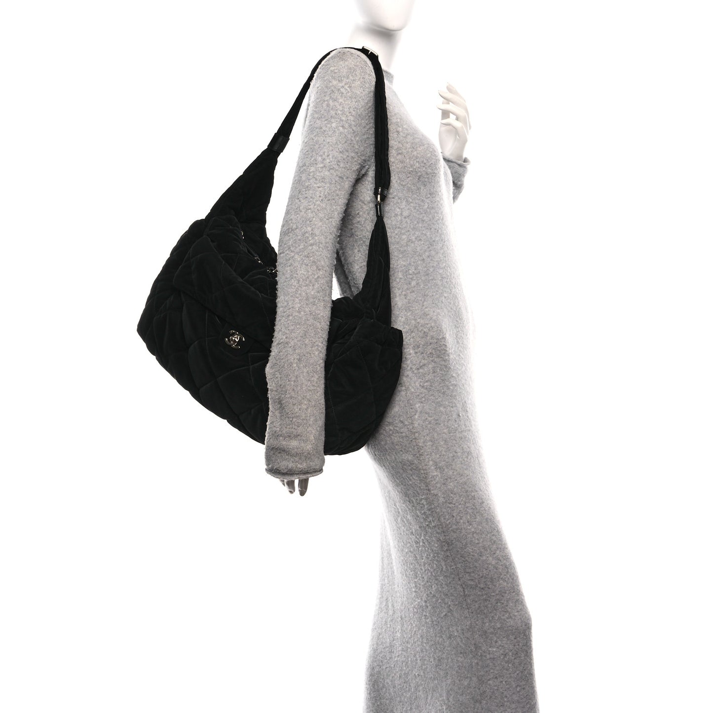 Nylon Velvet Effect Quilted Maxi Bowling Bag Black
