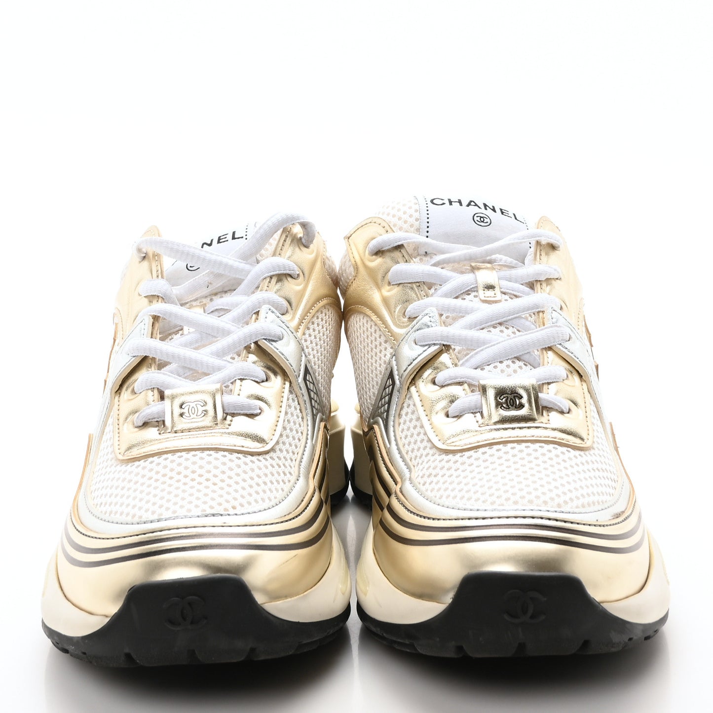 Fabric Laminated Calfskin Stretch CC Womens Sneakers 37.5 White Gold Silver