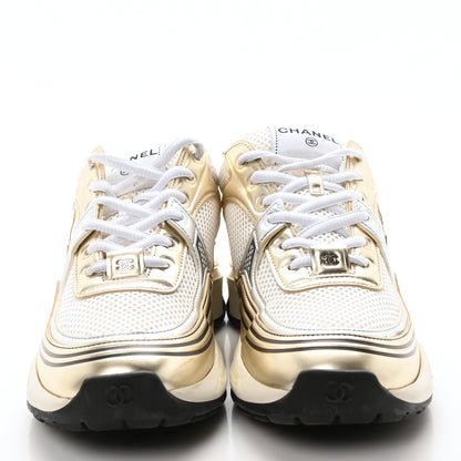 Chanel Fabric Laminated Calfskin Stretch CC Womens Sneakers 37.5 White Gold Silver 3 of 9