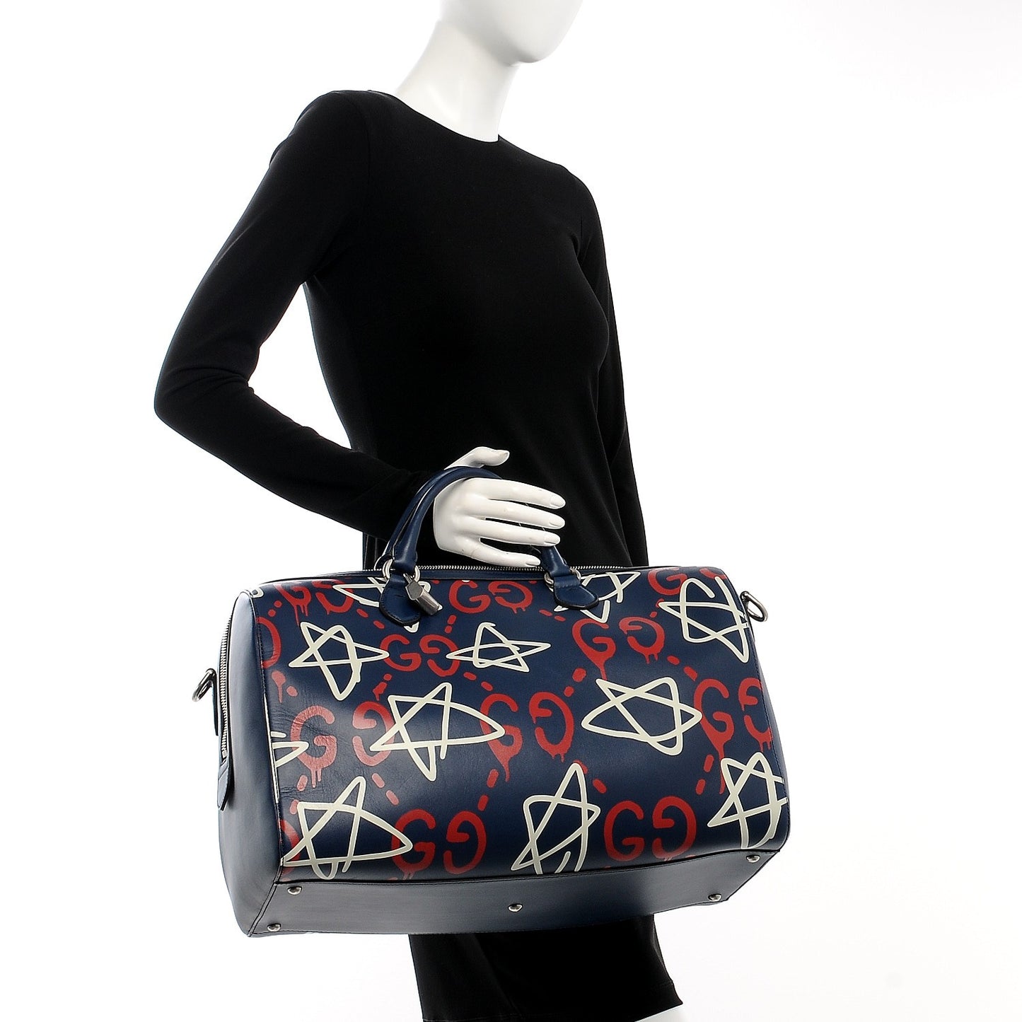 Calfskin GucciGhost Print Duffle Blue Agata Hibiscus Red