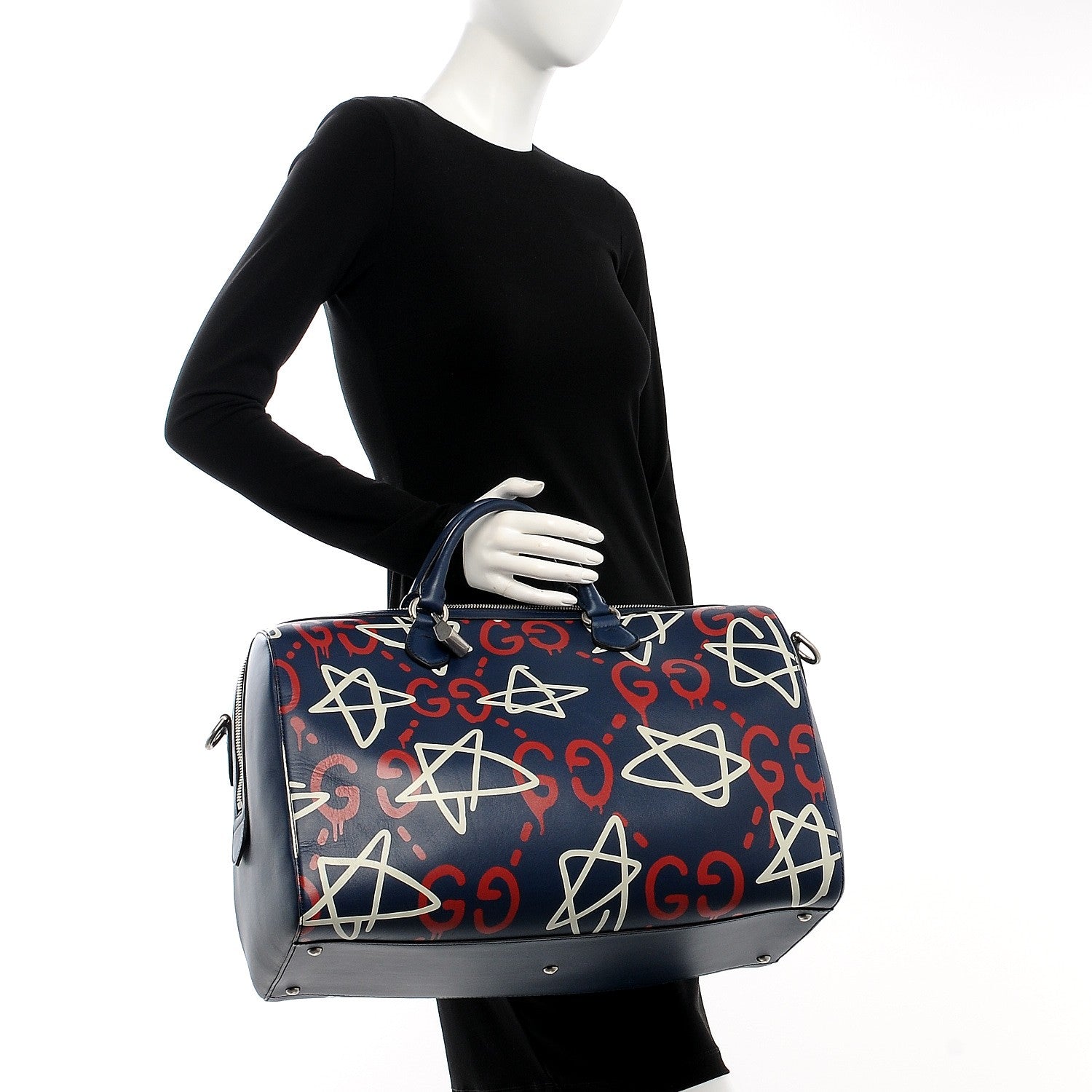 Gucci Calfskin GucciGhost Print Duffle Blue Agata Hibiscus Red 3 of 9