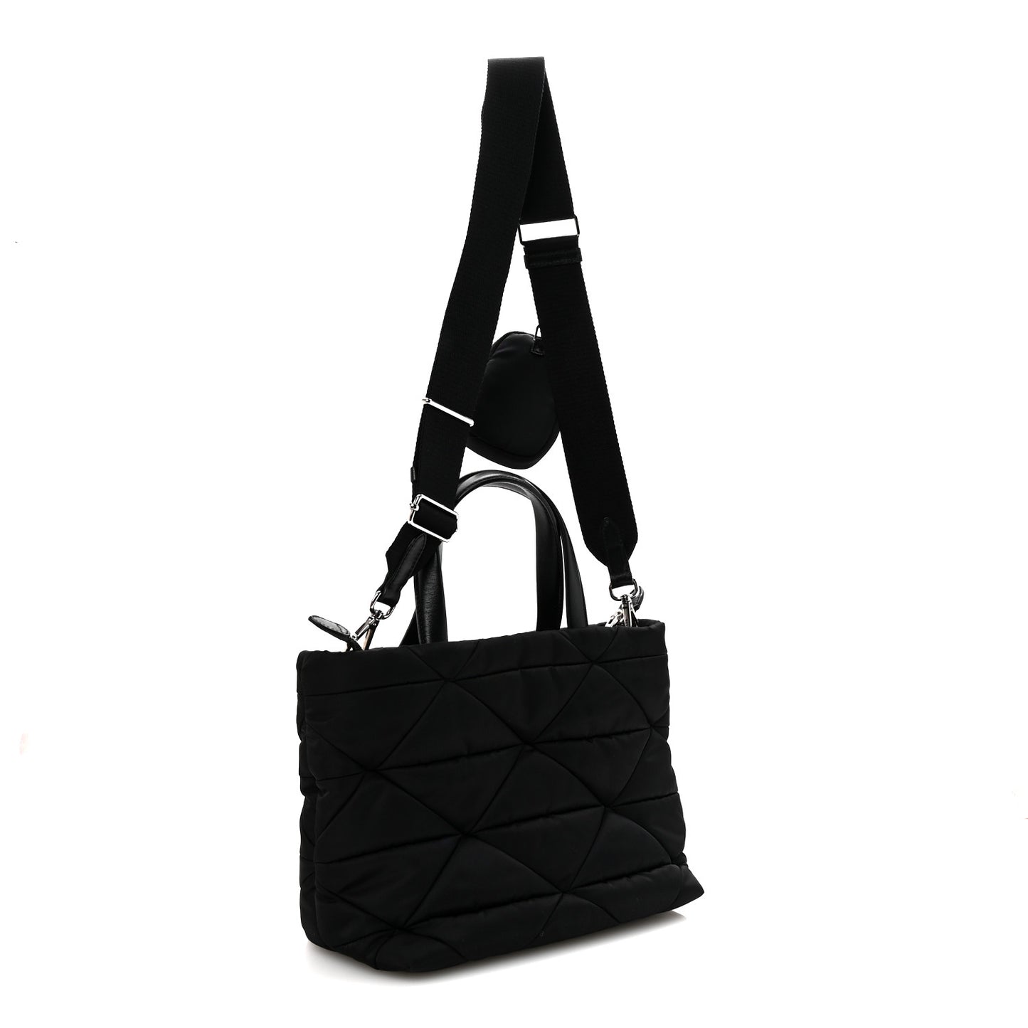 Re-Nylon Nappa Triangle Quilted Padded Double Handled Zip Pocket Tote Black