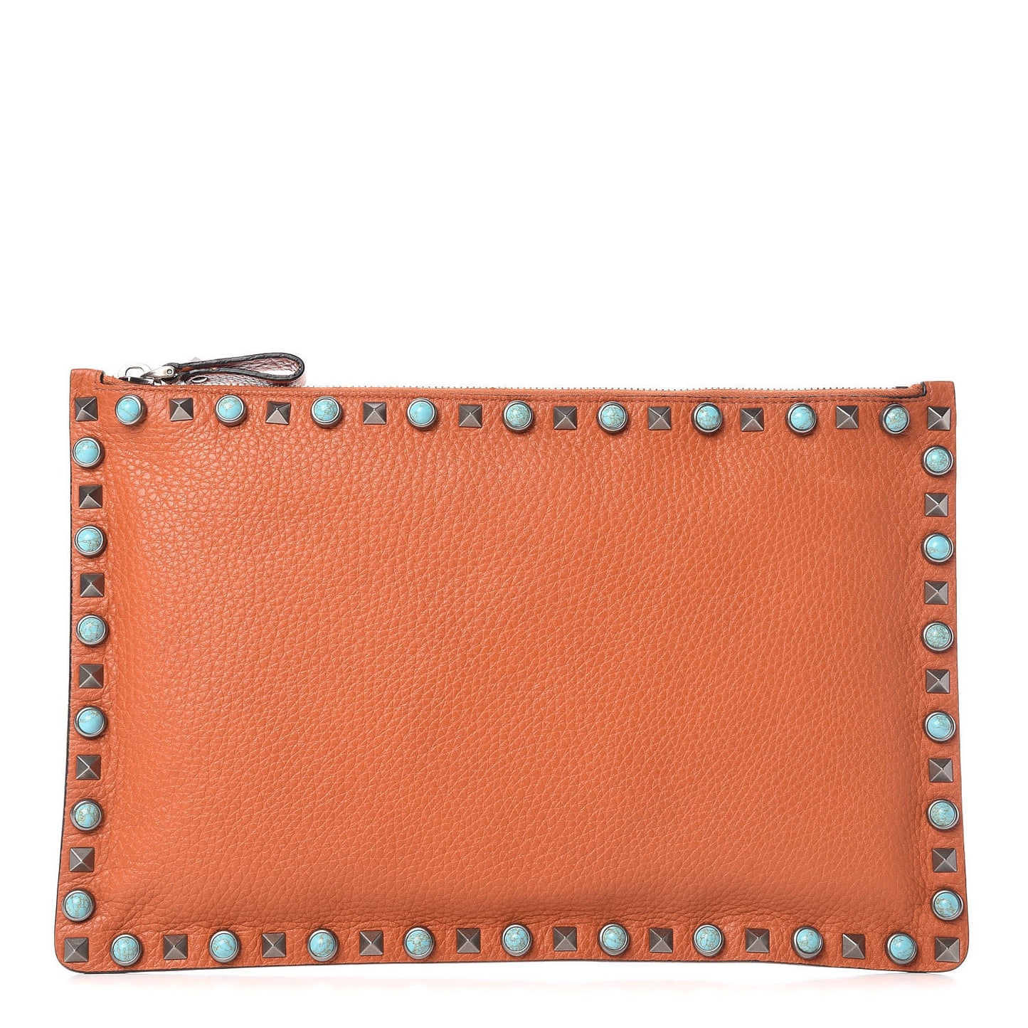 Grained Calfskin Turquoise Large Rockstud Rolling Zip Pouch Orange